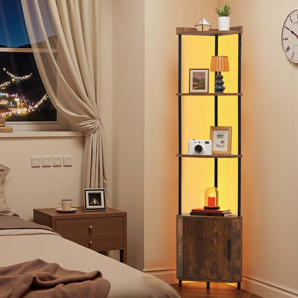 VEVOR Scaffale Angolare a 5 Ripiani, Scaffale ad Angolo con Luce LED e Ante, Mensole da Parete, Struttura in Metallo e Ripiani in Legno, Libreria Stretta per Casa e Ufficio, Marrone Rustico