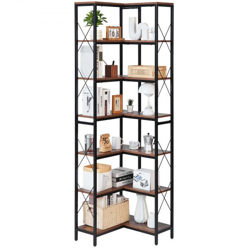 VEVOR Libreria Angolare a 7 Ripiani, Scaffale ad Angolo Alta, Grande Libreria a L con Struttura in Metallo e Ripiani in Legno, Scaffale Espositivo Reversibile per Camera da Letto, Soggiorno, Ufficio