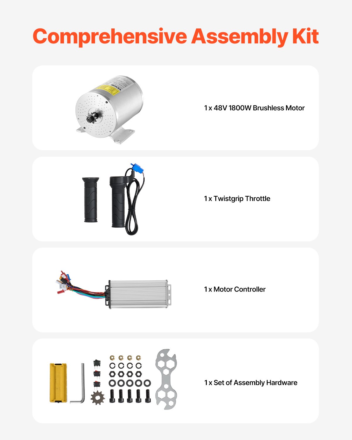 VEVOR 1800W Electric Brushless DC Motor Kit - 48V 4500 RPM Electric Motor with Improved Speed Controller & Throttle Kit for Go-Karts, E-Bikes, Motorcycles, Scooters, and DIY Projects