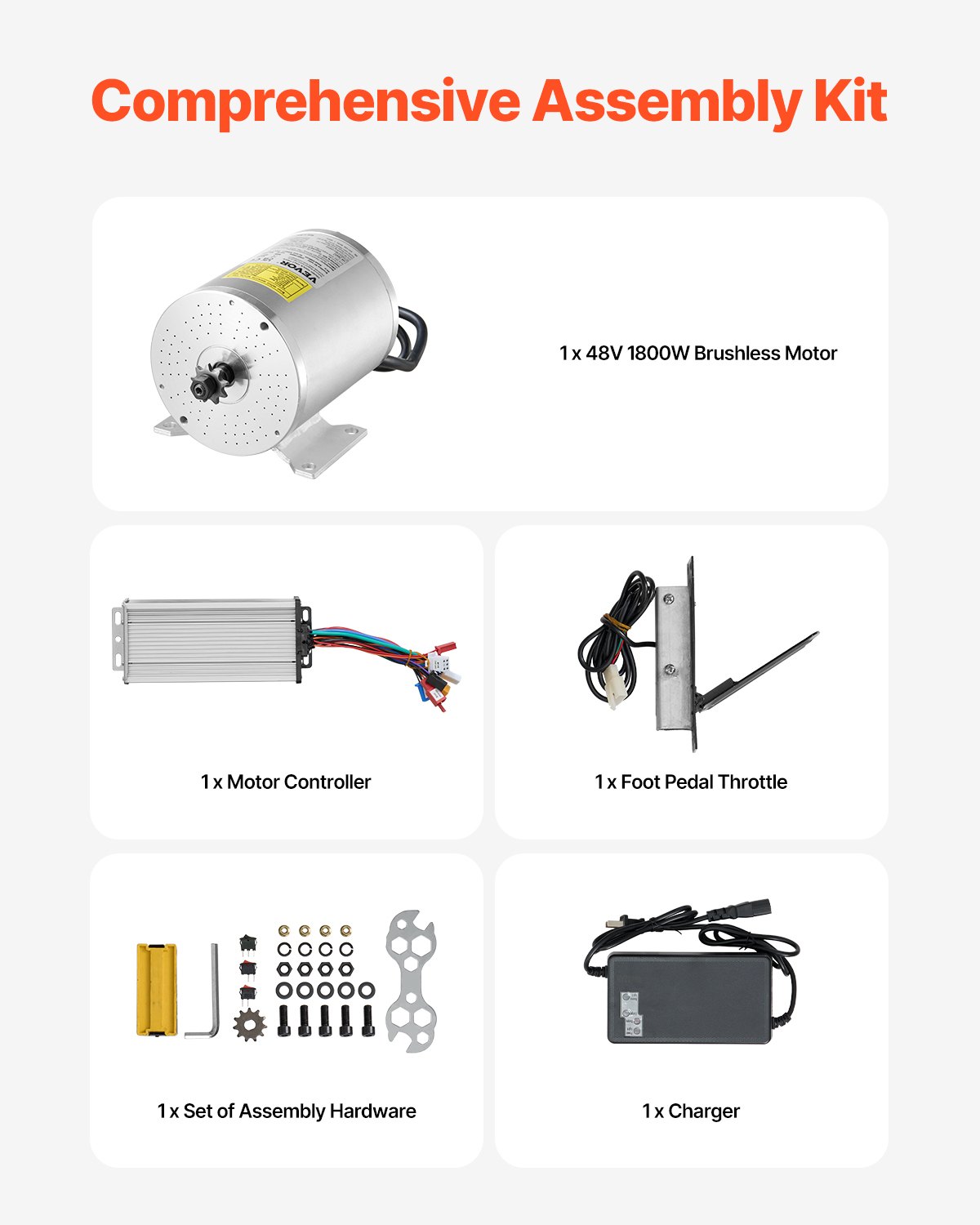VEVOR Kit Motore Elettrico Brushless DC da 1800 W Motore 48 V a 4500 giri/min con con Regolatore di Velocità Aggiornato e Kit Acceleratore a Pedale per Go-Kart, Bici Elettriche, Moto, Scooter