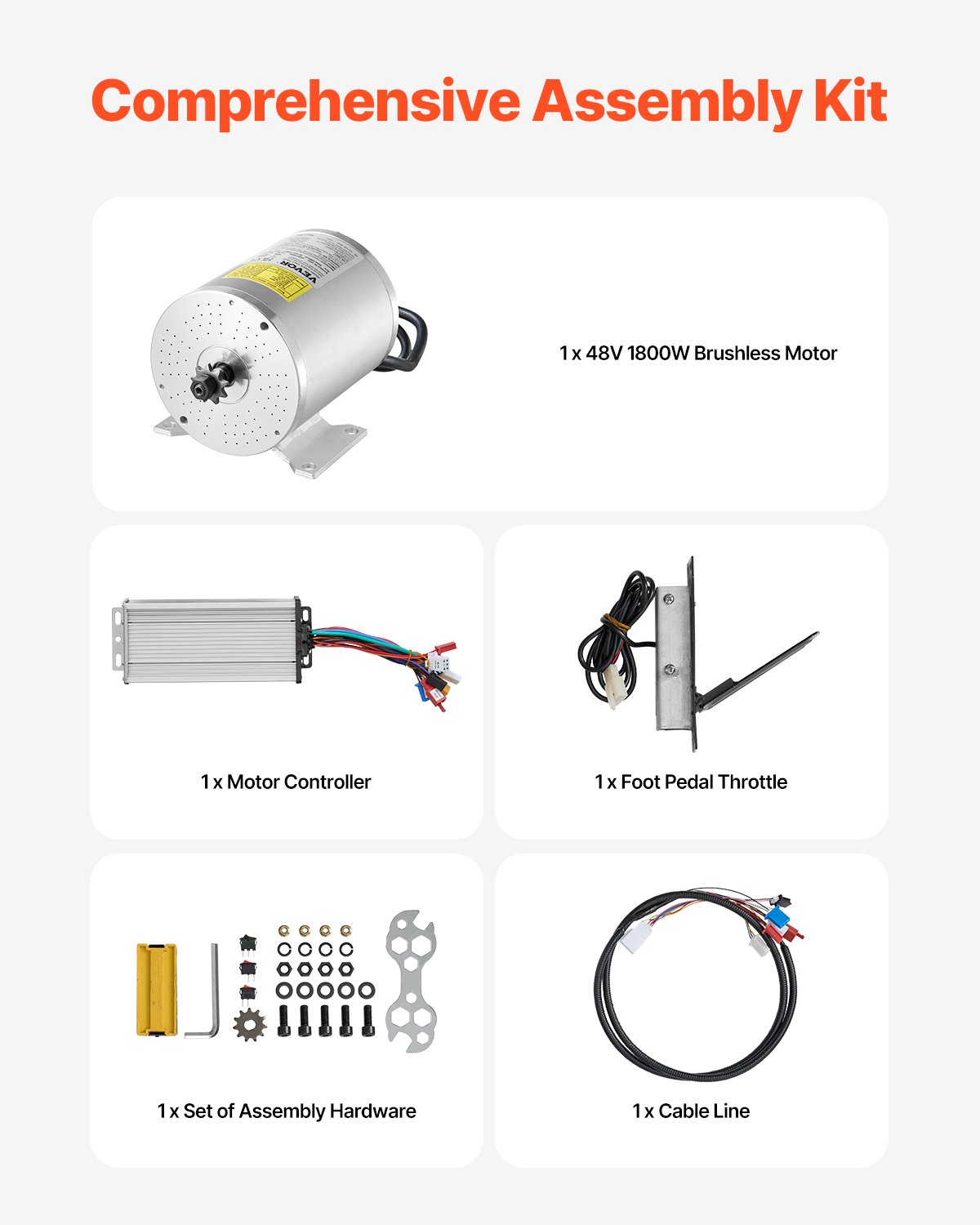 VEVOR 1800W Electric Brushless DC Motor Kit - 48V 4500 RPM Motor with Improved Speed Controller and Foot Pedal Throttle Kit for Go-Karts, E-Bikes, Motorcycles, Scooters, and DIY Projects