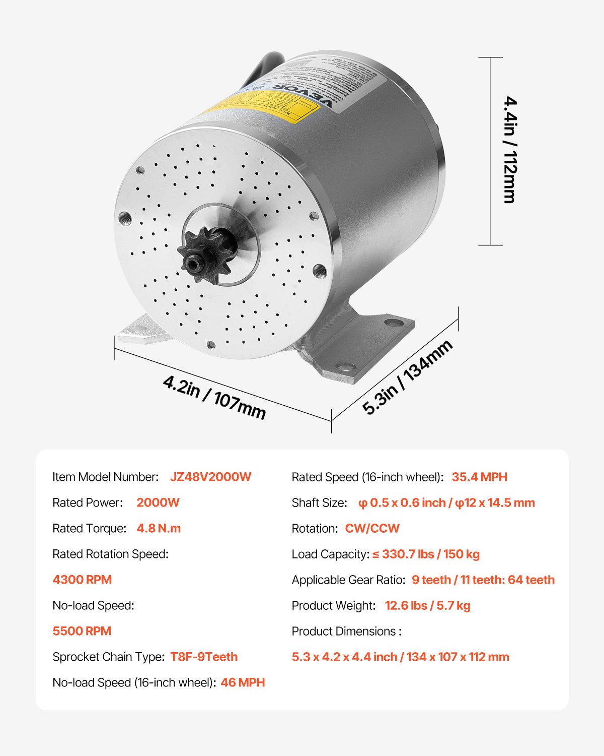 VEVOR 2000W Brushless DC Electric Motor Kit - 48V 4300 RPM Electric Motor with Improved Speed Controller and Throttle Kit for Go-Karts, E-Bikes, Motorcycles, Scooters, DIY