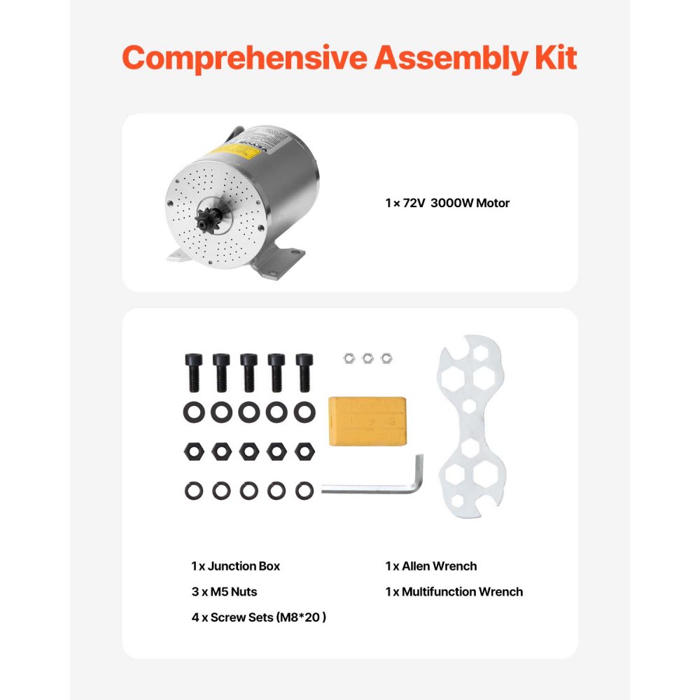VEVOR Kit Motore Elettrico Senza Spazzole 134 x 107 x 112 mm 3000 W Motore Elettrico 72 V a 4900 Giri/min Motore CC Senza Spazzole, Funziona in Modo Efficiente, per Go Kart, Bici Elettrica, Scooter