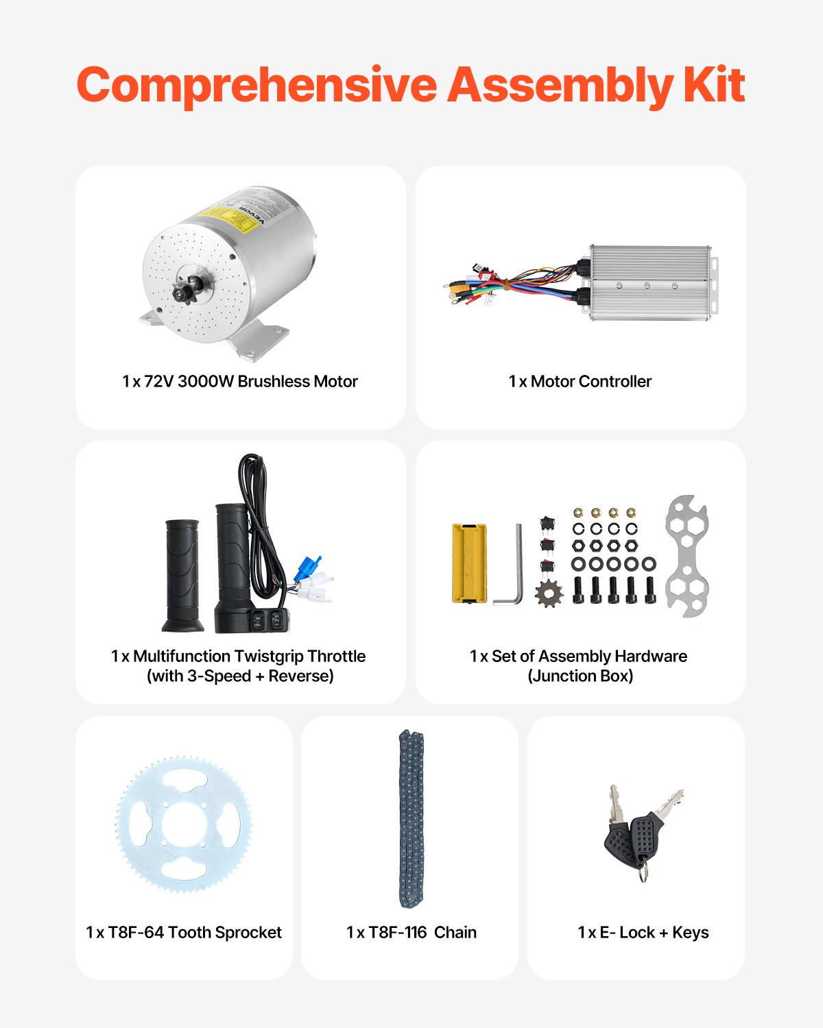 VEVOR Kit Motore Elettrico Senza Spazzole 3000 W Motore Elettrico 72 V a 4900 Giri/min con Regolatore di Velocità Aggiornato e kit Impugnatura Acceleratore per Bici Elettrica, Moto, Scooter, Fai da Te