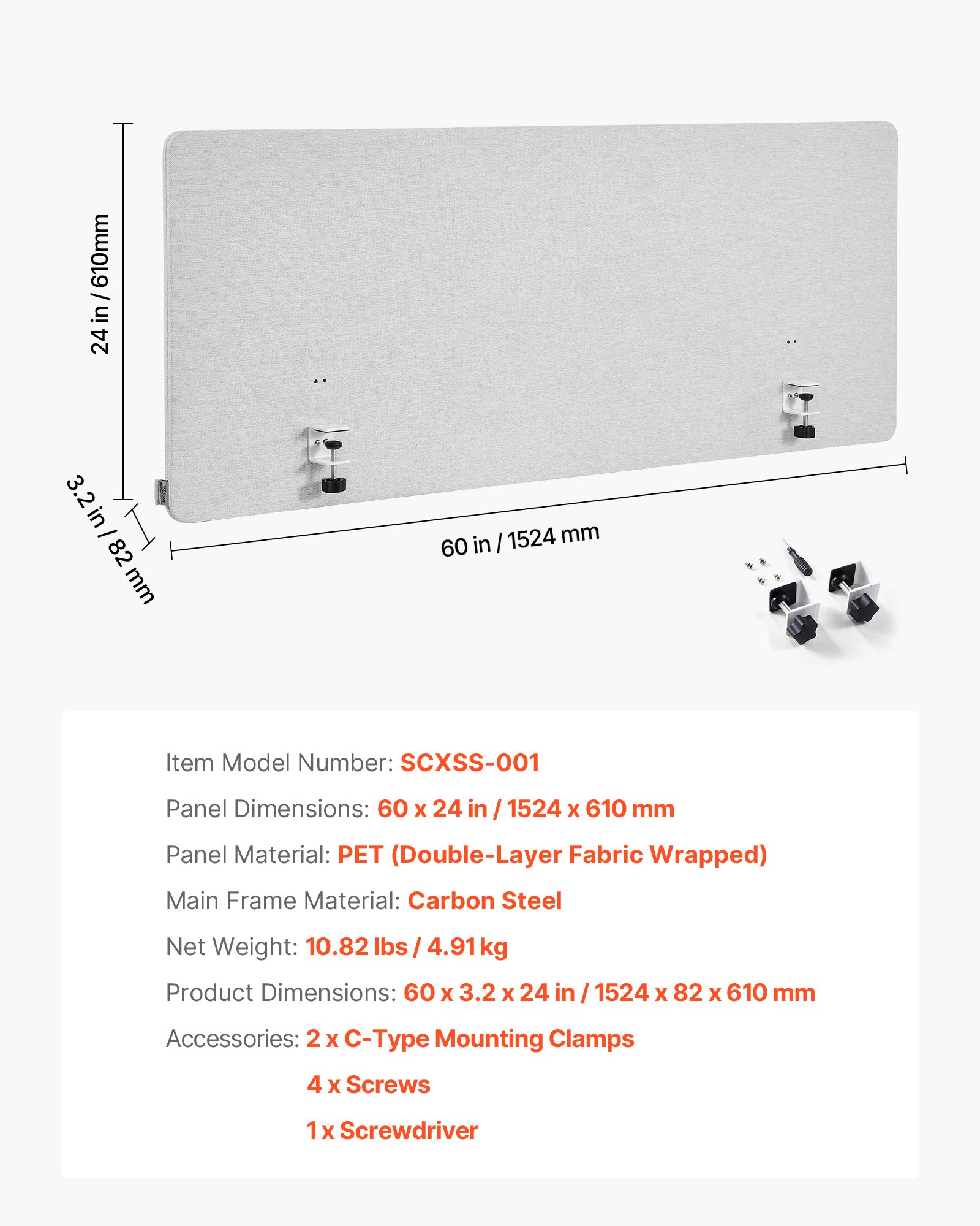 VEVOR Desk Divider Privacy Panel, 1524 x 610 mm Clamp-on Office Desk Partition, PET Cubicle Partition Panel, Workstation Privacy Divider with 2 C-Type Clamps for Office, Sturdy Room, Library