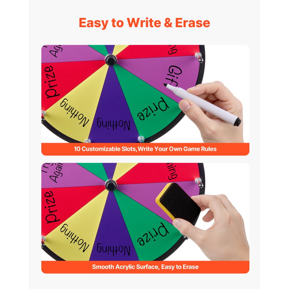 VEVOR Ruota dei Premi Girevole da 305 mm, Ruota Girevole a 10 Slot con Supporto, Roulette da Tavolo Win Fortune con Pennarello Cancellabile a Secco e 2 Pennarelli, 5 Colori, per Feste, Pub, Carnevale