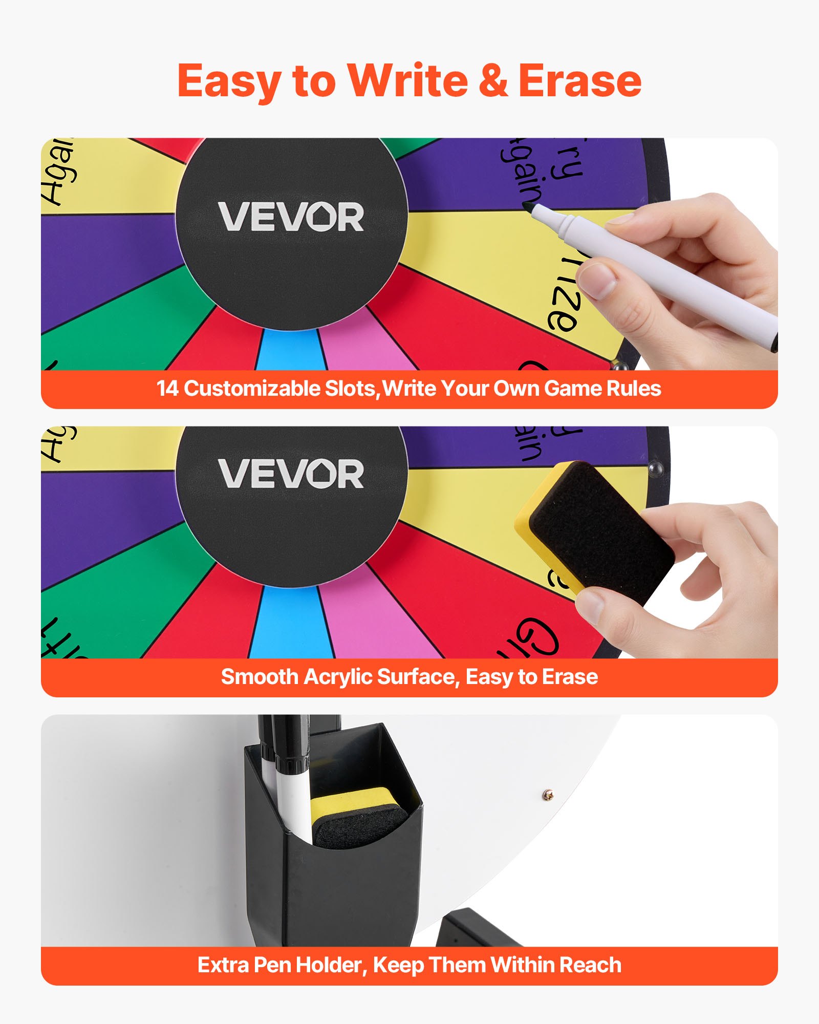 VEVOR Ruota dei Premi Girevole da 457 mm, Ruota Girevole a 14 Slot con Supporto, Roulette da Tavolo Win Fortune con Pennarello Cancellabile a Secco e 2 Pennarelli, 6 Colori, per Feste, Pub, Carnevale