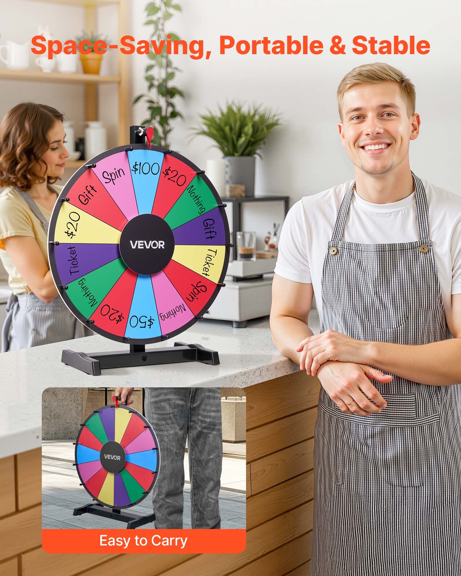 VEVOR Ruota dei Premi Girevole da 457 mm, Ruota Girevole a 14 Slot con Supporto, Roulette da Tavolo Win Fortune con Pennarello Cancellabile a Secco e 2 Pennarelli, 6 Colori, per Feste, Pub, Carnevale