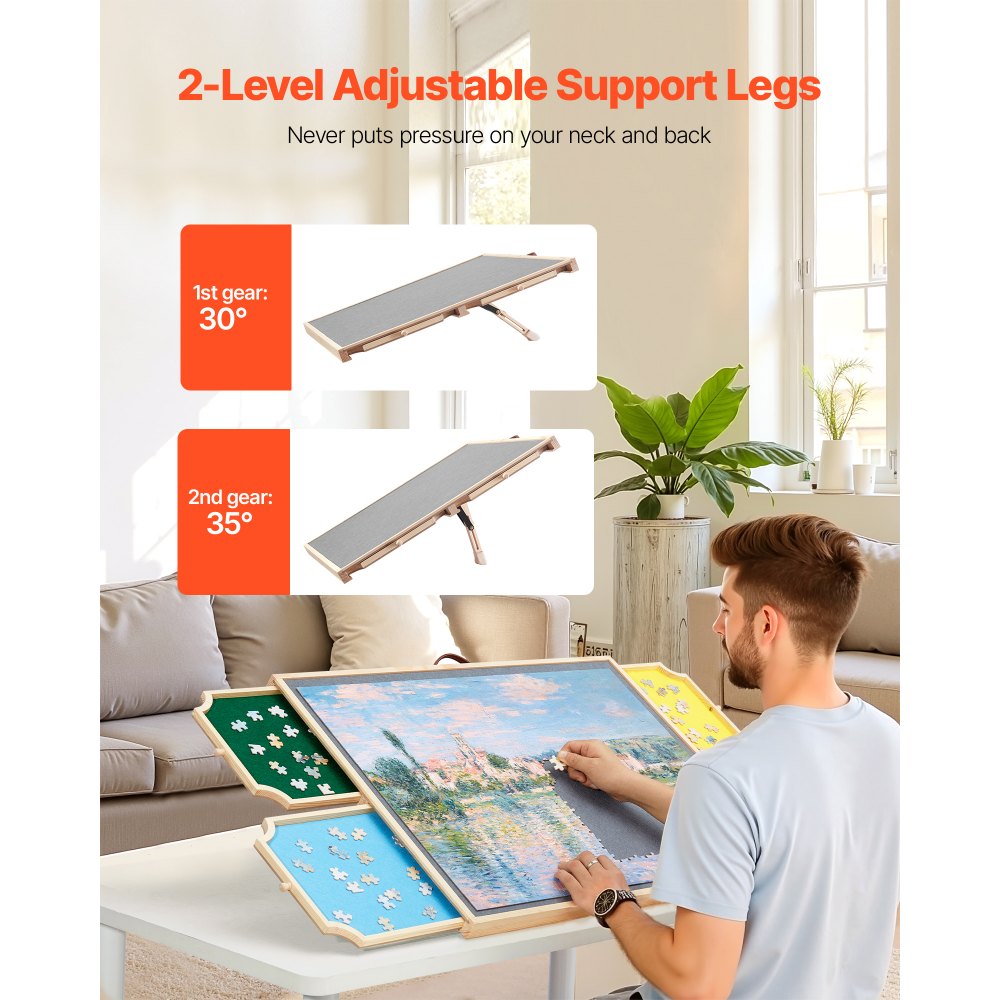 VEVOR Tavolo per Puzzle 735 x 535 mm da 1000 Pezzi, Set da Tavolo per Puzzle Standard Portatili in Legno con 4 Cassetti in Feltro Colorato e Coperchio, con 2 Angoli di Inclinazione per Adulti