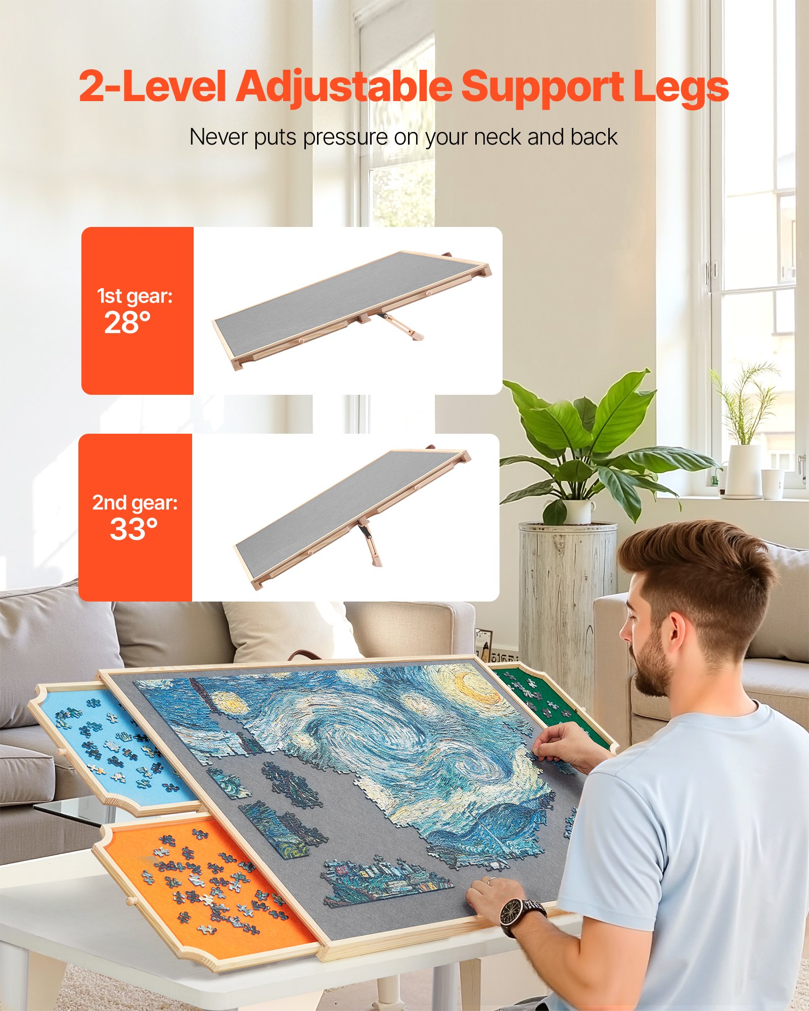 VEVOR Tavolo per Puzzle 865 x 635 mm da 1500 Pezzi, Set da Tavolo per Puzzle Standard Portatili in Legno con 4 Cassetti in Feltro Colorato e Coperchio, con 2 Angoli di Inclinazione per Adulti