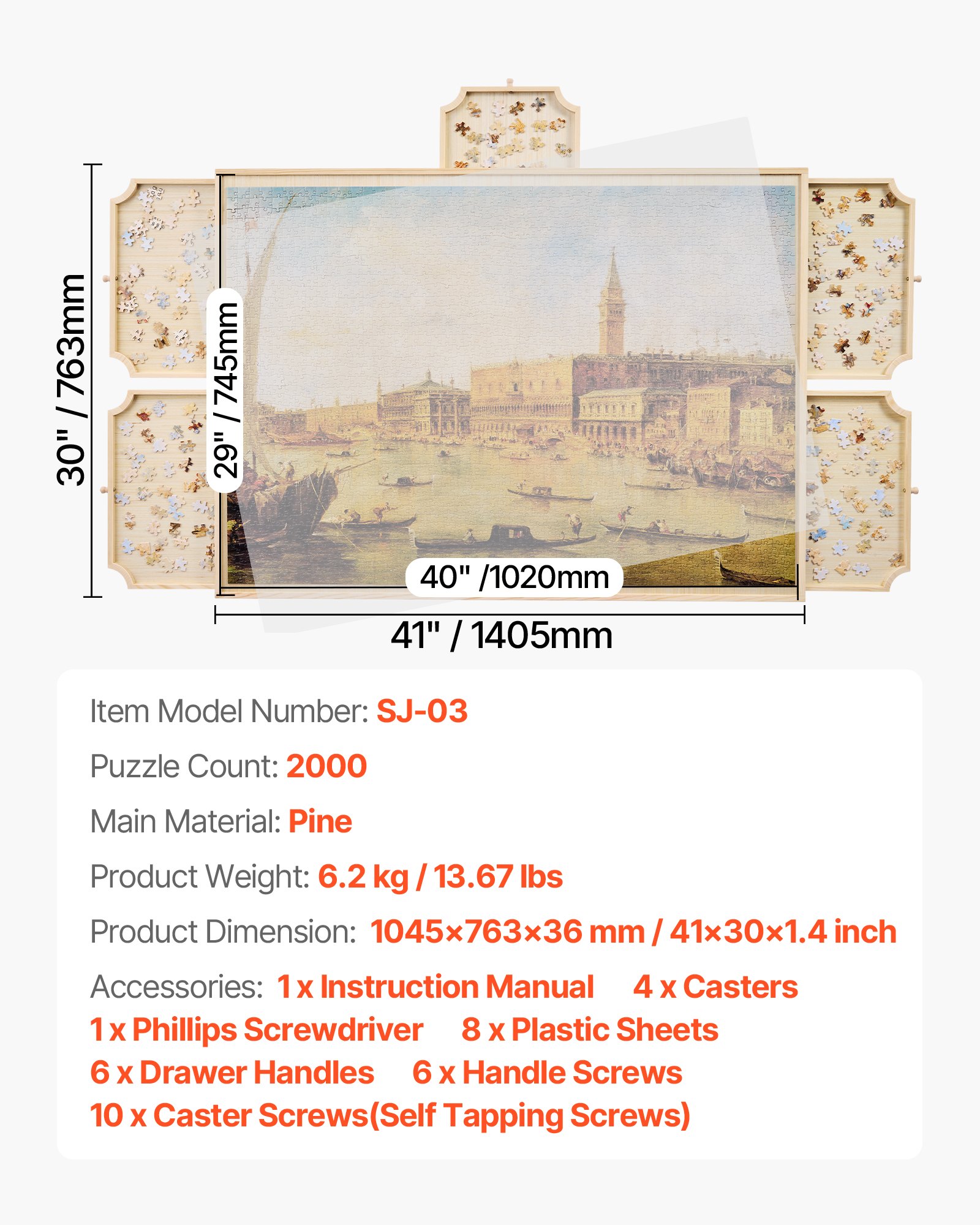 VEVOR Tavolo per Puzzle 1020 x 745 mm da 2000 Pezzi, Set da Tavolo per Puzzle Standard Portatili in Legno con 5 Cassetti e Coperchio, Anello di Base Rotante a 360° per Adulti, Facile da Riporre