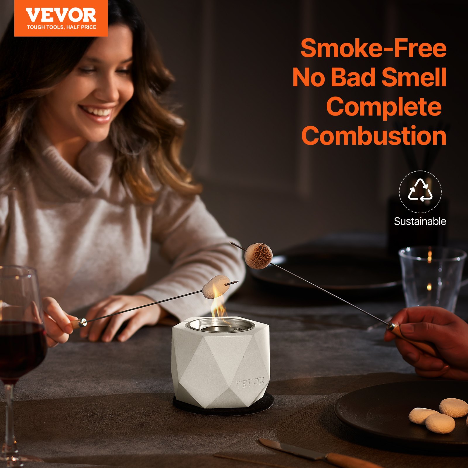 VEVOR Braciere da Tavolo,Tavolo in Cemento Caminetto Decorazione per Interni Esterni, Bruciatore Portatile ad Alcol denaturato Smores Maker, Mini Braciere Patio Balcone con Estintore Chiaro Grigio