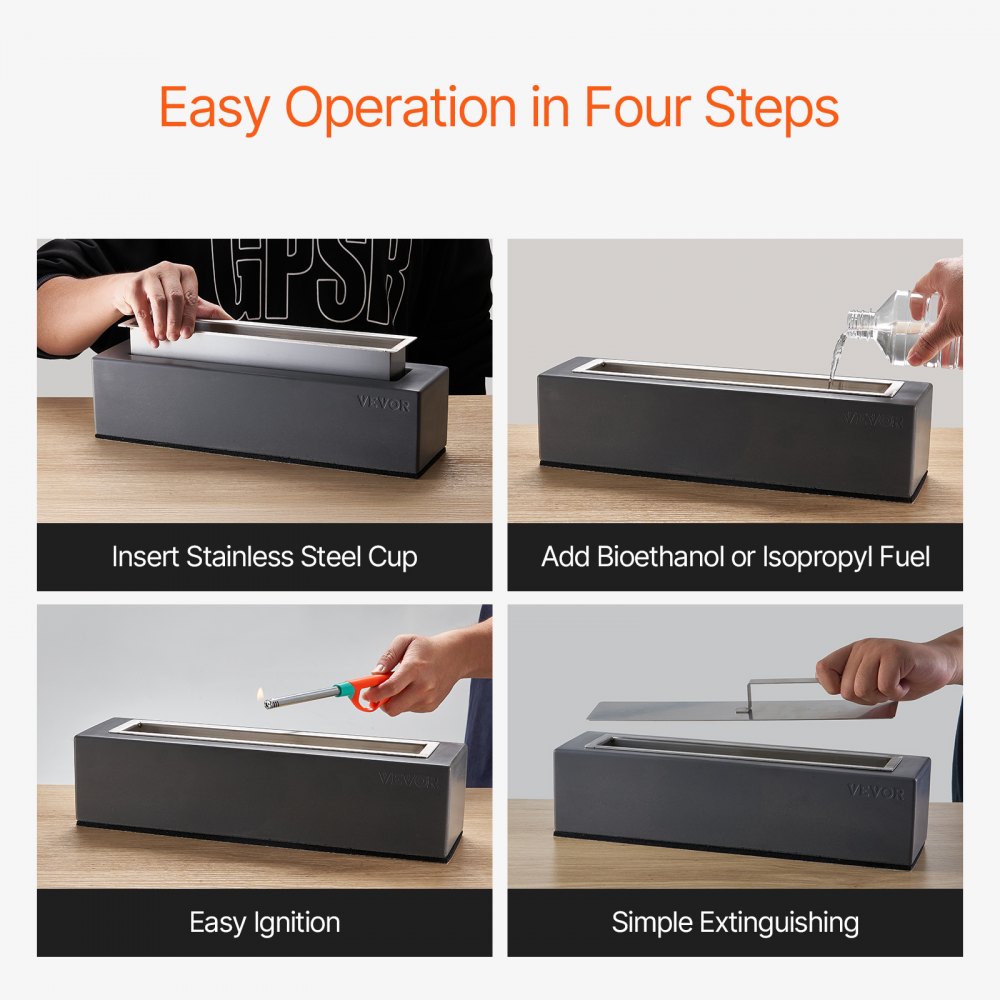 VEVOR Braciere da Tavolo, Braciere in Cemento Caminetto 380 mm, Decorazione per Interni Esterni, Bruciatore ad Alcol denaturato per Patio Balcone con Copertura per Estintore, Quadrato Chiaro Grigio