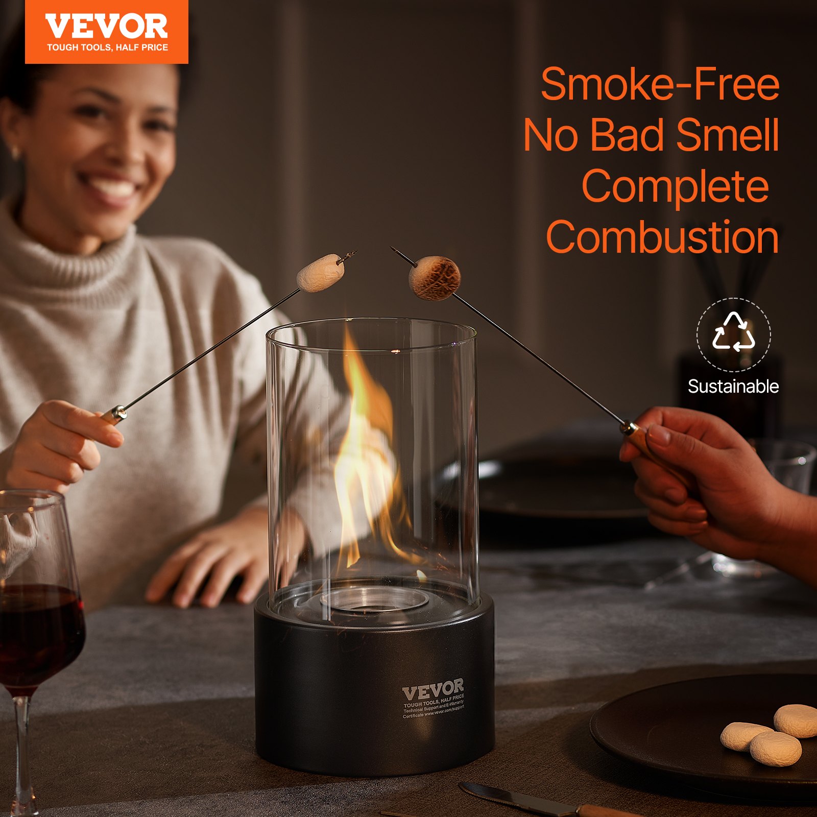 VEVOR Braciere da Tavolo, Camino Tavolo in Metallo 160 mm per Interni Esterni, Bruciatore per Alcol Denaturato, Produttore di S'mores con Vetro per Patio Balcone con Copertura per Estintore 0,92 kg