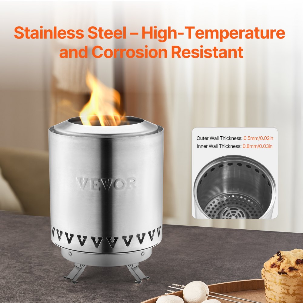 VEVOR Braciere da Tavolo Baricentro Basso, Caminetto in Acciaio Inox per Interni Esterni 1,46 L, Bruciatore ad Alcool Denaturato, a Legna o a Pellet per Campeggio, Patio Cilindro 0,89 kg Argento