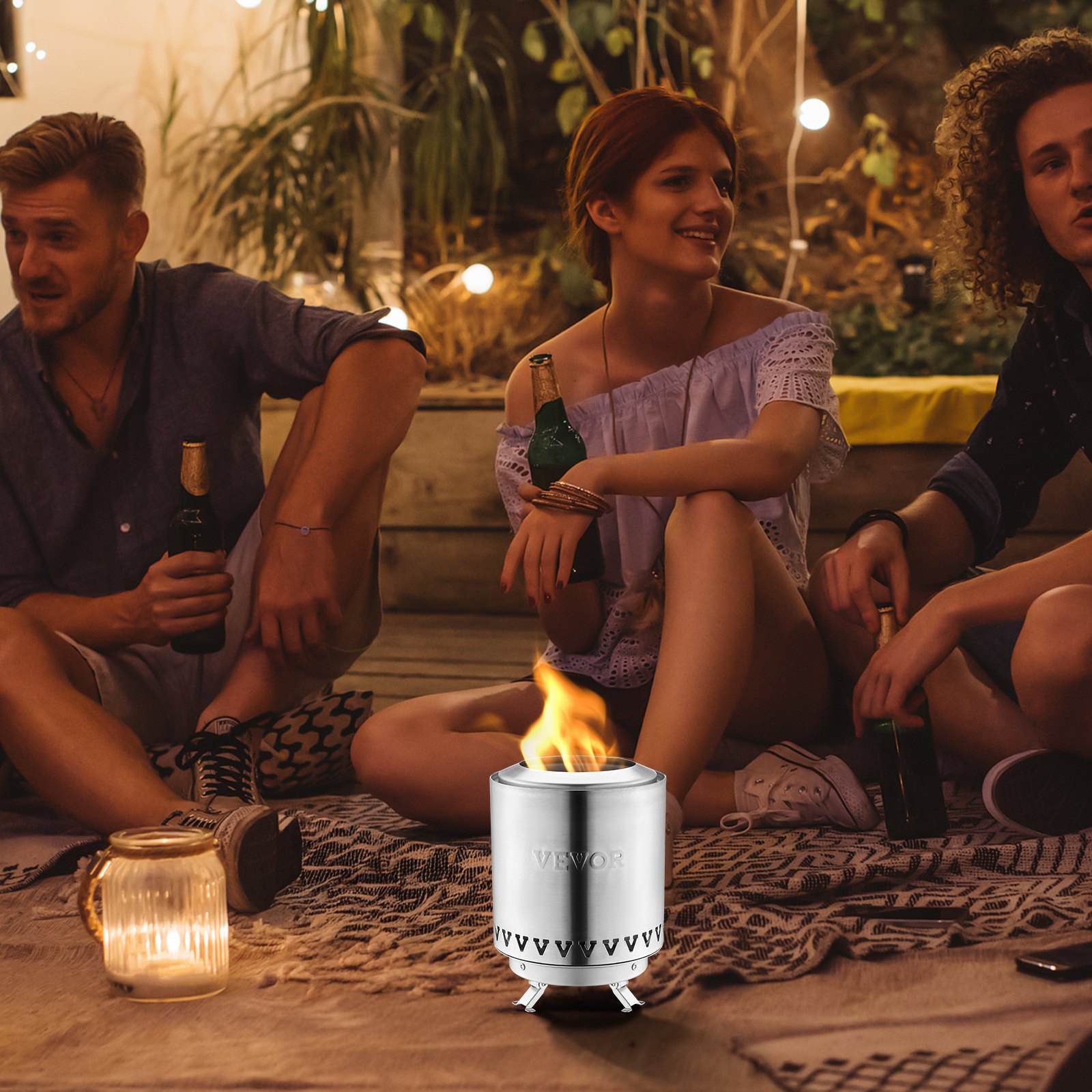 VEVOR Braciere da Tavolo Baricentro Basso, Caminetto in Acciaio Inox per Interni Esterni 1,46 L, Bruciatore ad Alcool Denaturato, a Legna o a Pellet per Campeggio, Patio Cilindro 0,89 kg Argento