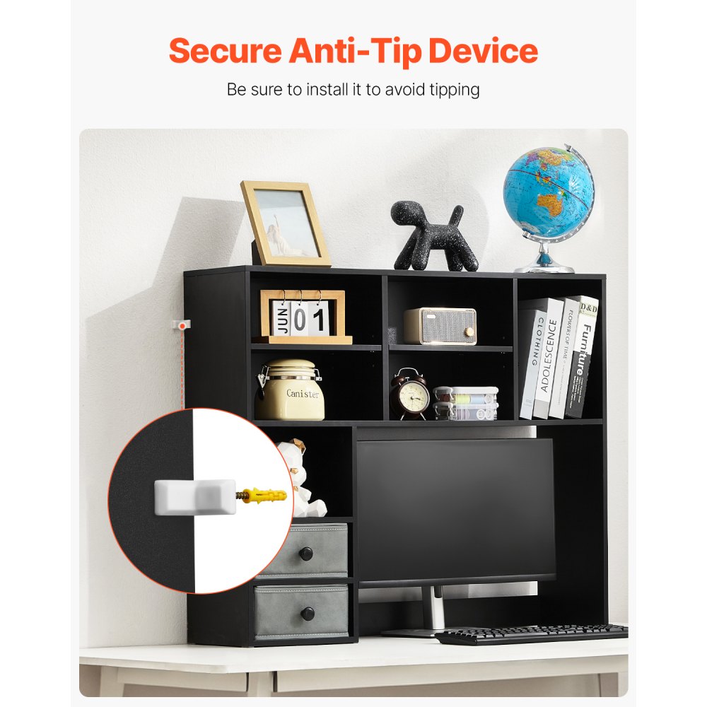 VEVOR Desk Bookshelf 3-Tier Organizer (94 x 25.4 x 79.2 cm) Tabletop Shelves Organizer Display Shelf Made of Particleboard + Melamine Paper, Bookshelf with Non-Slip Feet, Office Black