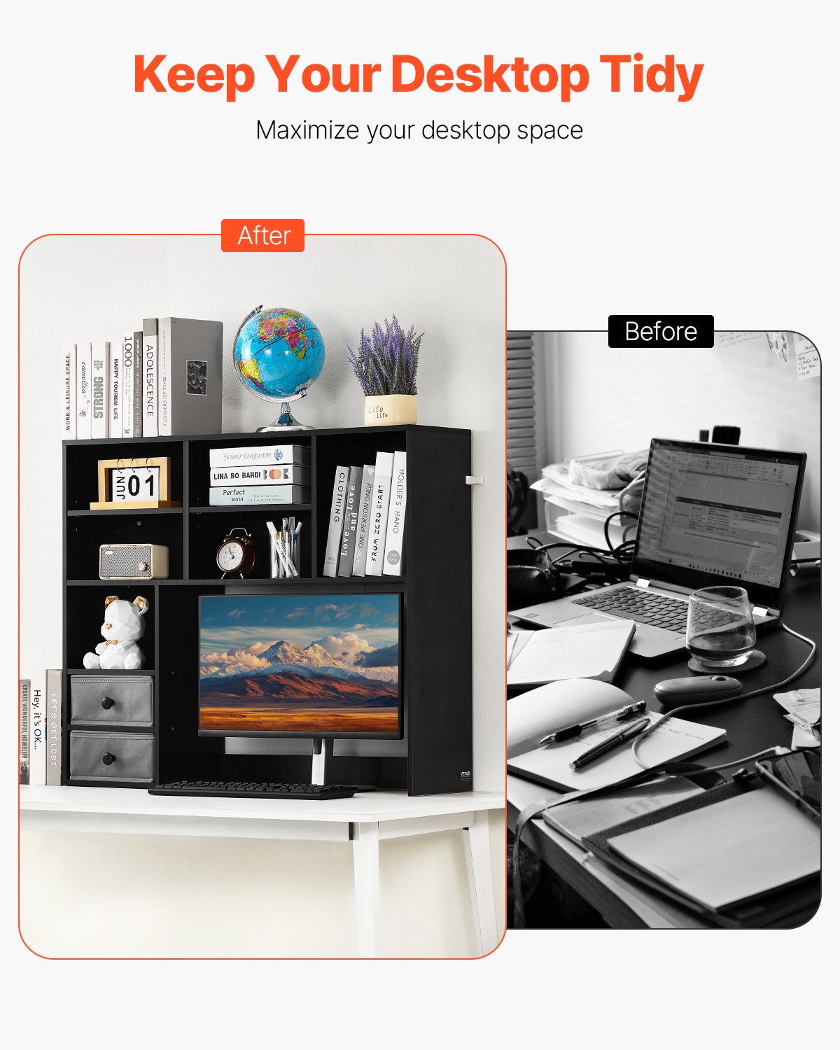 VEVOR Libreria da Scrivania, Organizer per Scrivania a 3 Ripiani, 94 x 25,4 x 79,2 cm Scaffale per Ufficio in Legno, Libreria da Scrivania con Due Cassetti in Tessuto, per Ufficio, Dormitorio, Nero