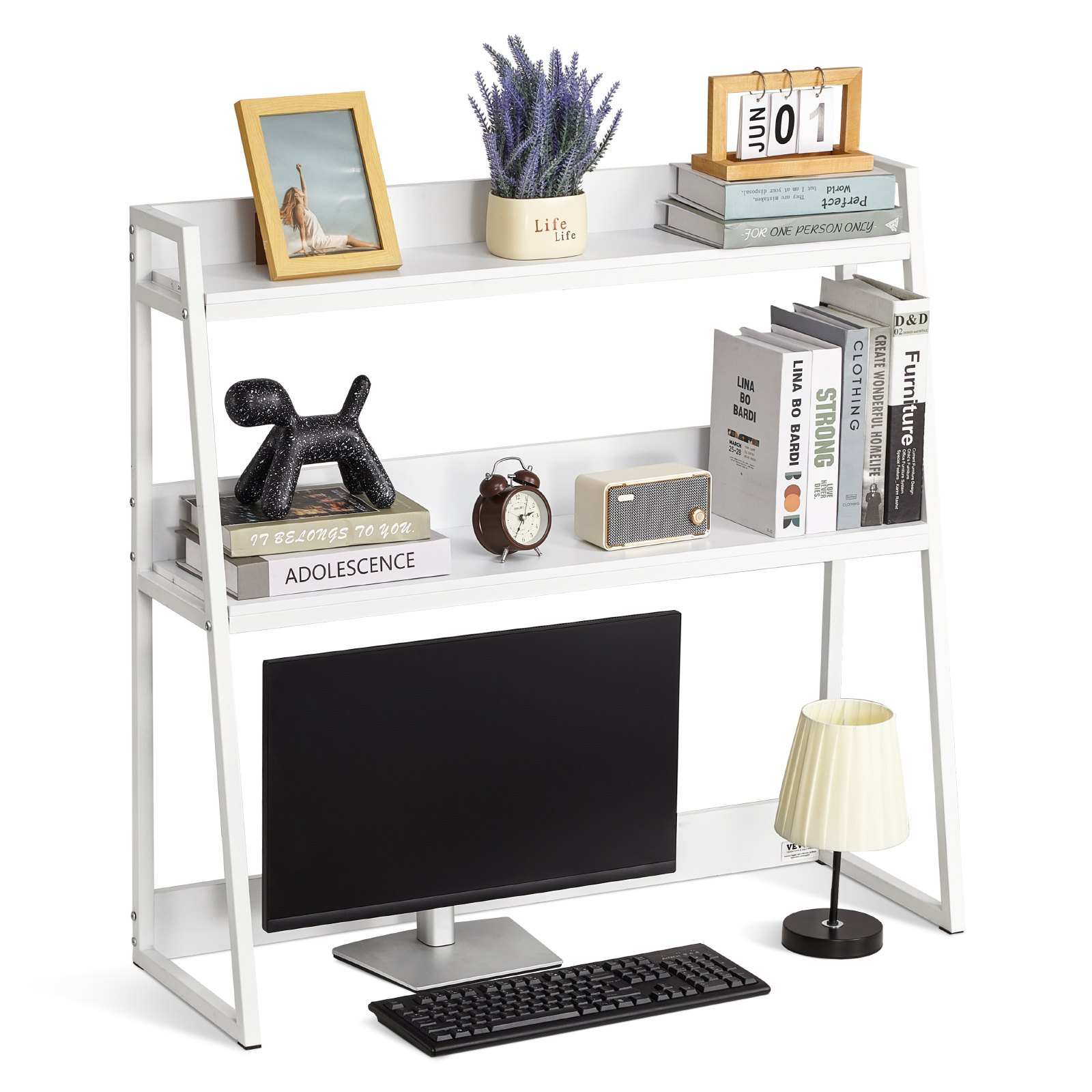 VEVOR Desk Bookshelf 2-Tier Organizer (95 x 32 x 90 cm) Tabletop Shelves Organizer Display Shelf made of Chipboard + Melamine Paper + Q195A, Shelf with Non-Slip Feet, Office White