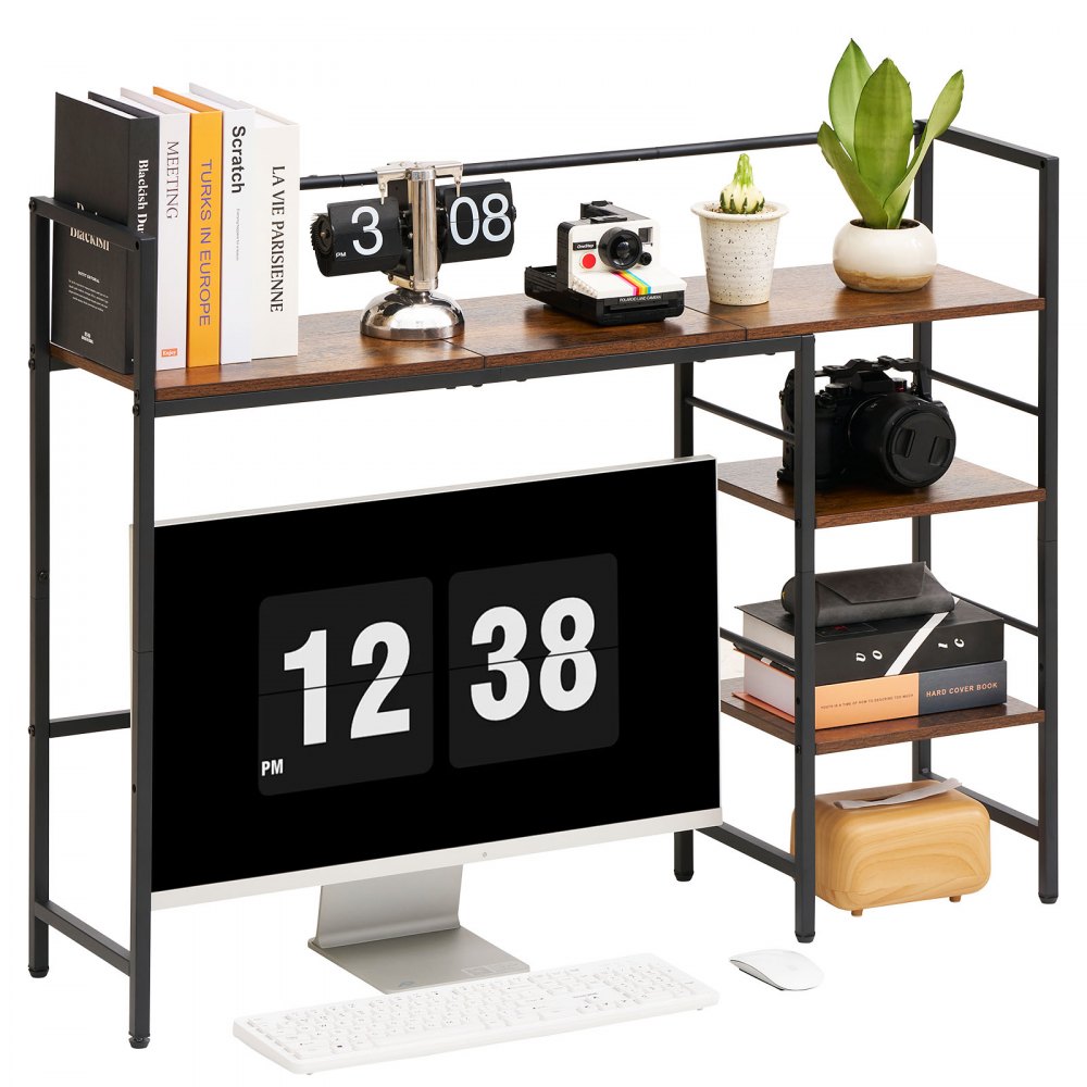 VEVOR Scaffale da Scrivania a 4 Ripiani con Piedini Antiscivolo Colore Nero, Organizer Struttura in Metallo e Ripiani in Legno, Multifunzione per Piano di Lavoro Officina Stanza Studio Casa e Ufficio