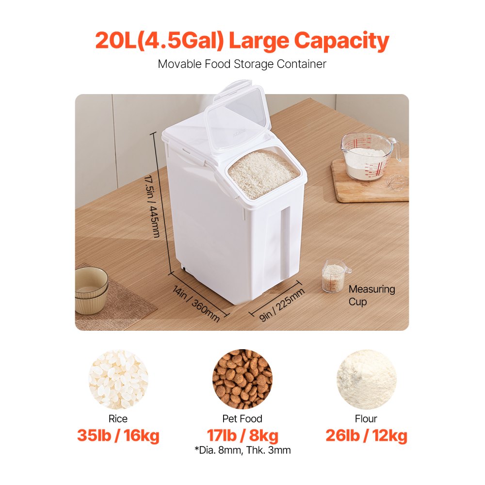 VEVOR Rice Storage Container, 20L Dog Food Dispenser, Kitchen Ingredient Container for Grains, Muesli, Flour, Pet Food Container with Wheels, Measuring Cup, Airtight Lid, 1 Pack