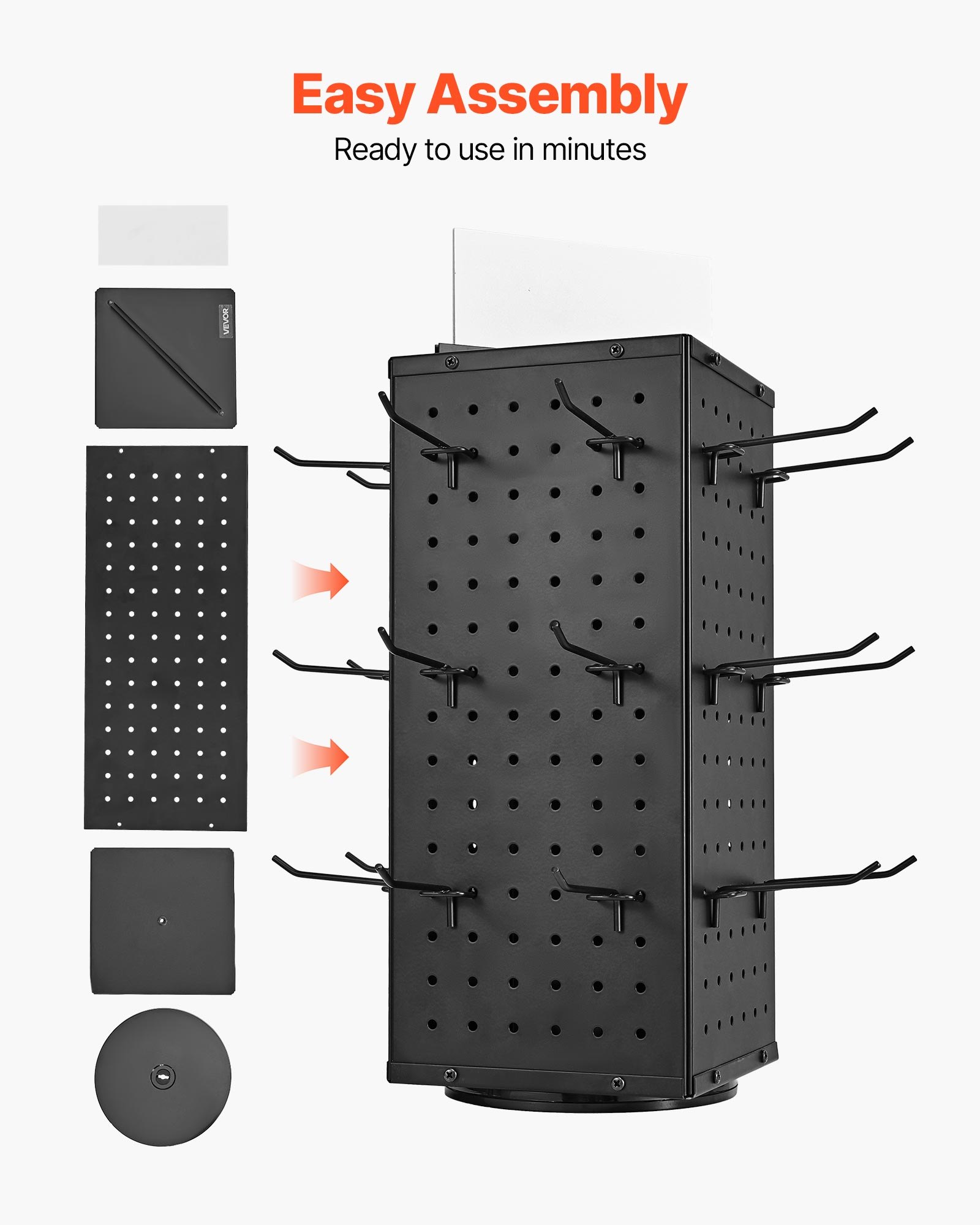 VEVOR Rotating Pegboard Display Stand, 18.8 x 18.8 x 42.6 cm 4-Sided Spinning Peg Board Display with 24 Hooks, Thickened Cold-Rolled Steel Craft Rack Organizer for Retail Store Jewelry Shop, Black