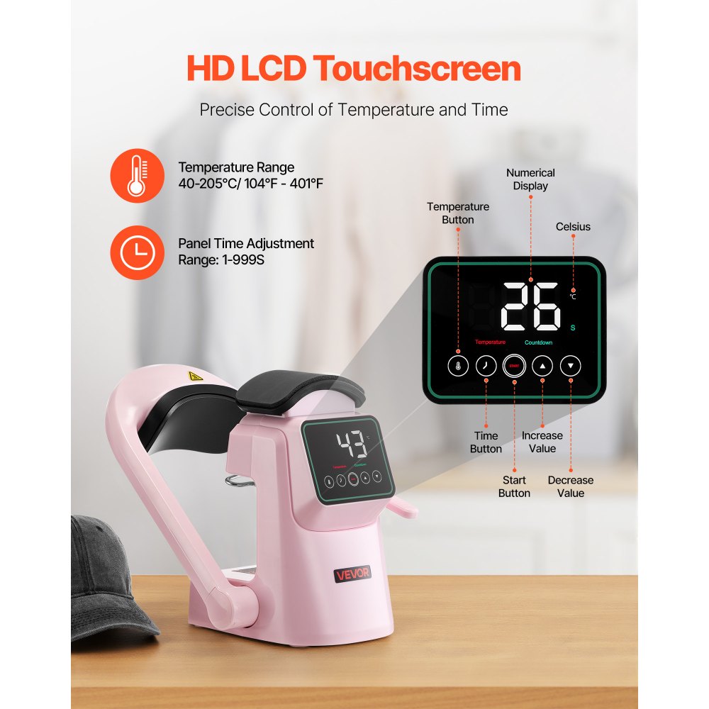 VEVOR Macchina per Pressa a Caldo per Cappelli con 2 Piastre Intercambiabili, Apertura Rilascio Automatici, Touchscreen per Controllo di Tempo Temperatura, Stampa a Termico per Cappellini, Rosa