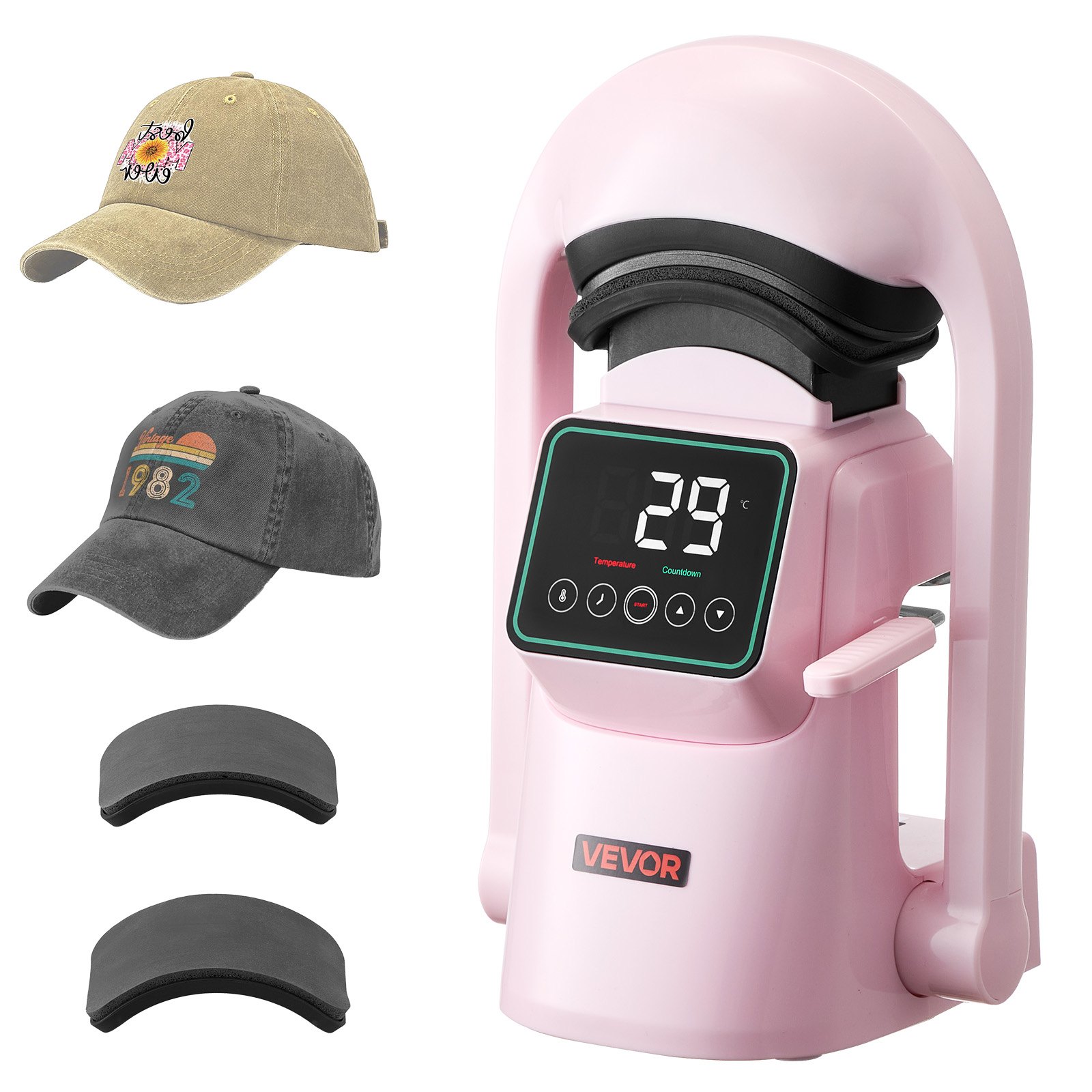 VEVOR Auto Hat Heat Press Machine, with 2pcs Interchangeable Platens, Automatic Open and Release, Touchscreen for Precise Time and Temperature Control, Heat Transfer Printing for Caps, Hats, Pink