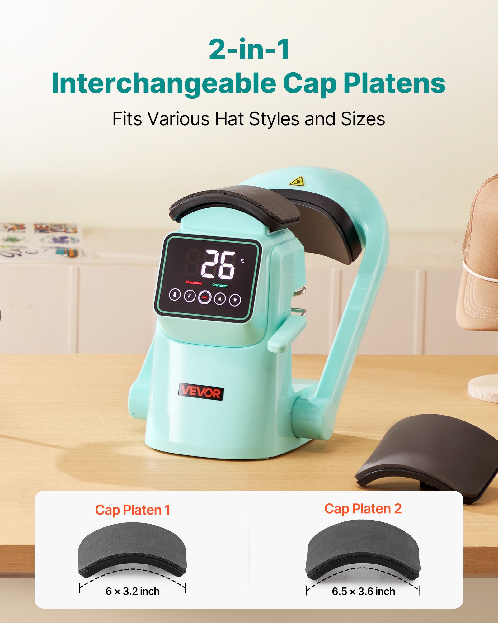 VEVOR Macchina per Pressa a Caldo 350W per Cappelli con 2 Piastre Intercambiabili, Apertura Rilascio Automatici, Touchscreen per Controllo Tempo Temperatura, Stampa a Termico per Cappellini, Verde