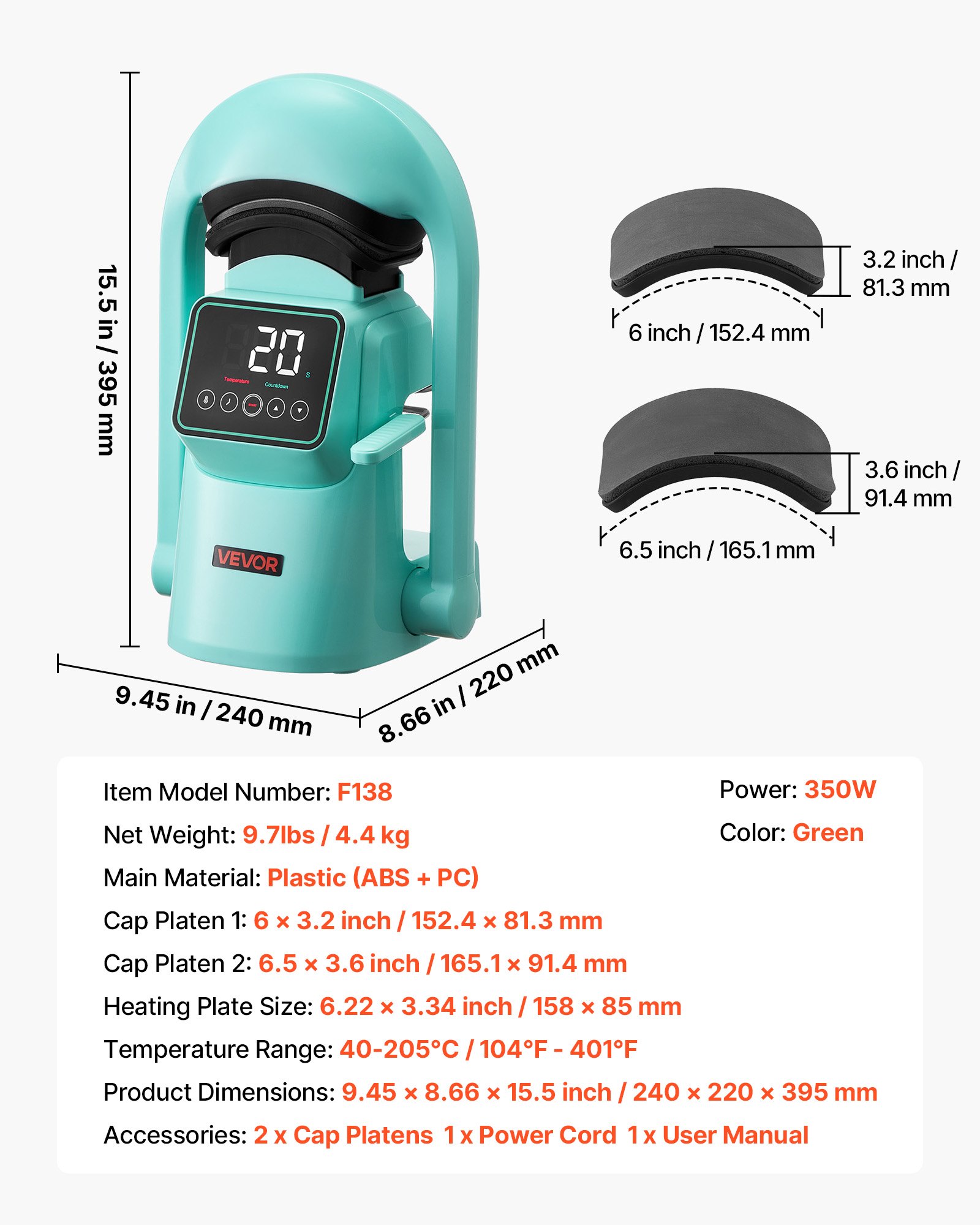VEVOR Macchina per Pressa a Caldo 350W per Cappelli con 2 Piastre Intercambiabili, Apertura Rilascio Automatici, Touchscreen per Controllo Tempo Temperatura, Stampa a Termico per Cappellini, Verde