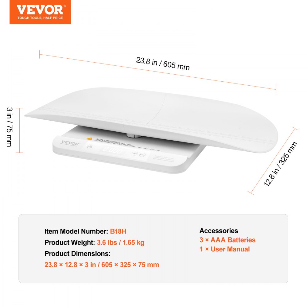 VEVOR Bilancia Intelligente Bluetooth per Neonati, Bilancia Digitale per Neonati 2 in 1 per Pesare con Vassoio Staccabile, Funzione Hold e Tare, per Bambini Piccoli, Animali Domestici, Capacità 30 kg