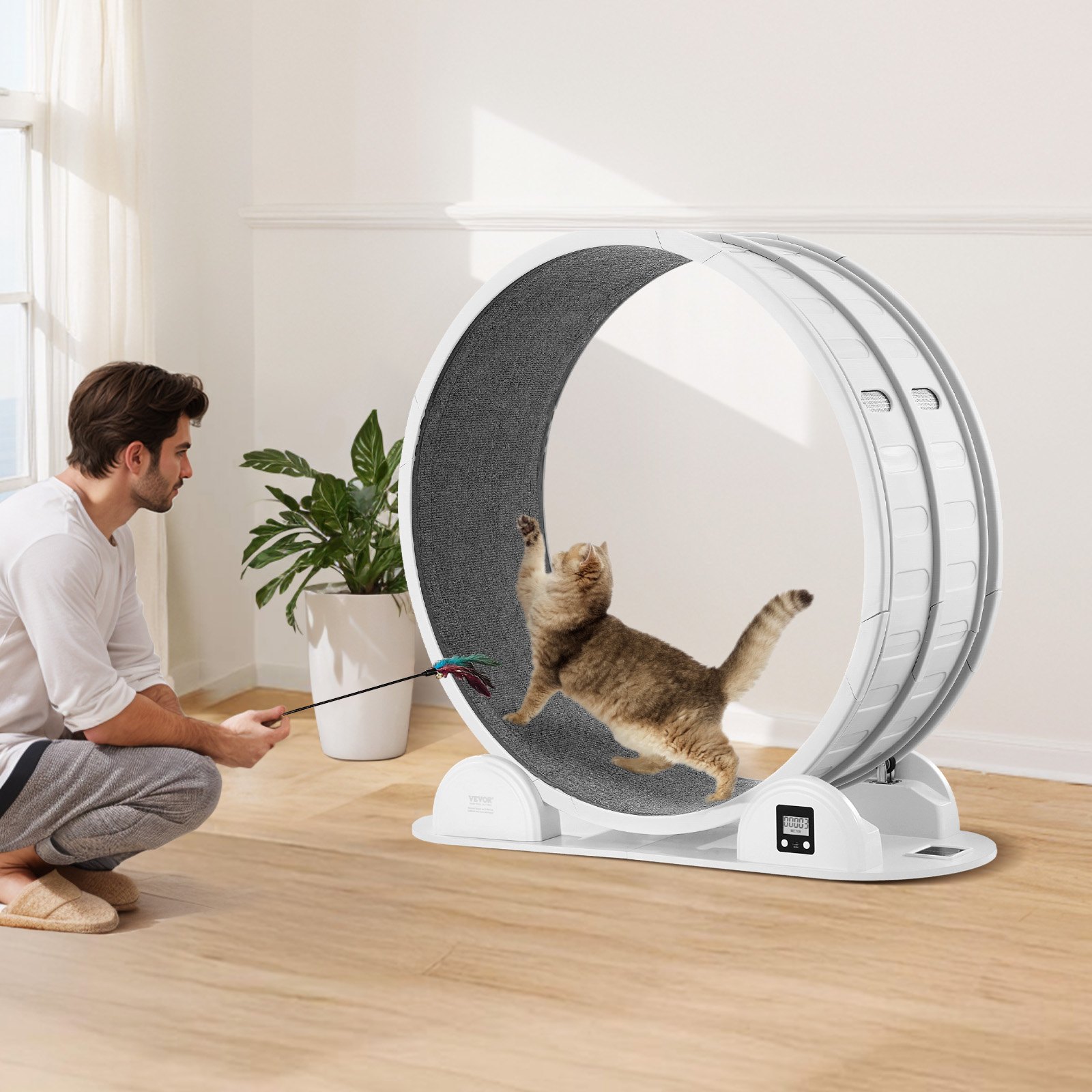 VEVOR Ruota per Esercizi per Gatti con Contapassi, 1038 mm Ruota per Correre con Freno Pista in Moquette per Gatti da Interno Sotto 13,6 kg Attrezzo per Esercizi per Gatti per Animali Domestici Bianco