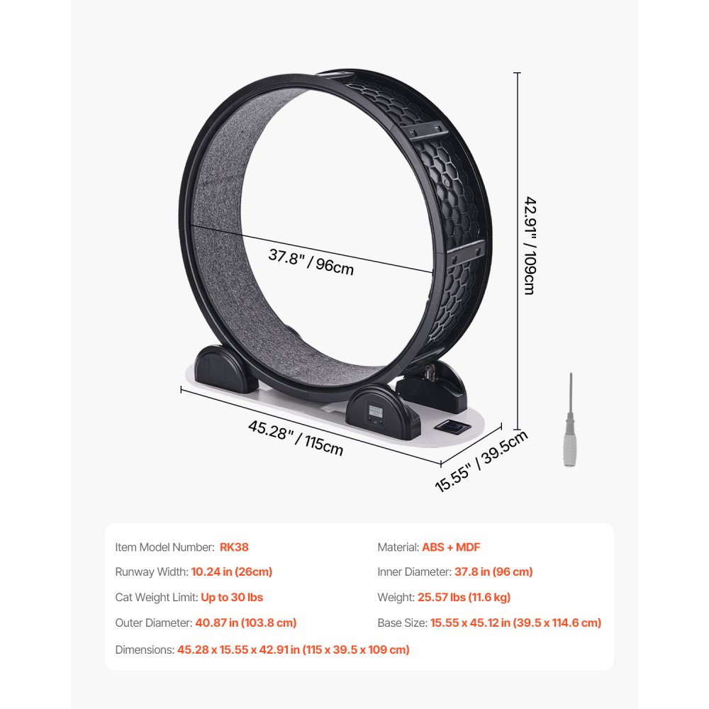 VEVOR Ruota per Esercizi per Gatti, Ruota per Correre con Freno e Pista in Moquette, Contapassi, Tapis Roulant Silenzioso per Gatti Sotto 13,6 kg, Attrezzo Fitness per Animali Domestici, 1038 mm Nero