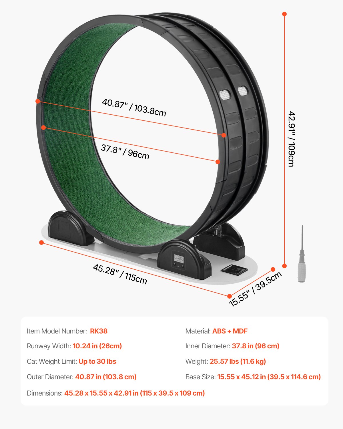 VEVOR Ruota per Esercizi per Gatti, Ruota per Correre con Freno e Pista in Moquette, Contapassi, Tapis Roulant Silenzioso per Gatti Sotto 13,6 kg, Attrezzo Fitness per Animali Domestici, 1038 mm Nero