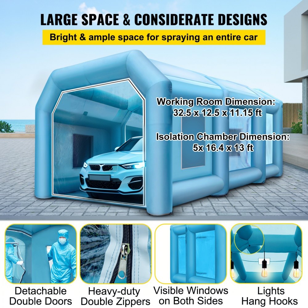 VEVOR Tenda Gonfiabile 10x5x3,5m in Tessuto Oxford PVC per Vernice Riparazione dell'Auto Lavoro Esterno, Set di Tenda Gonfiabile con Porte e Finestre Ventilatore 1100W all'Aperto Garage Officina