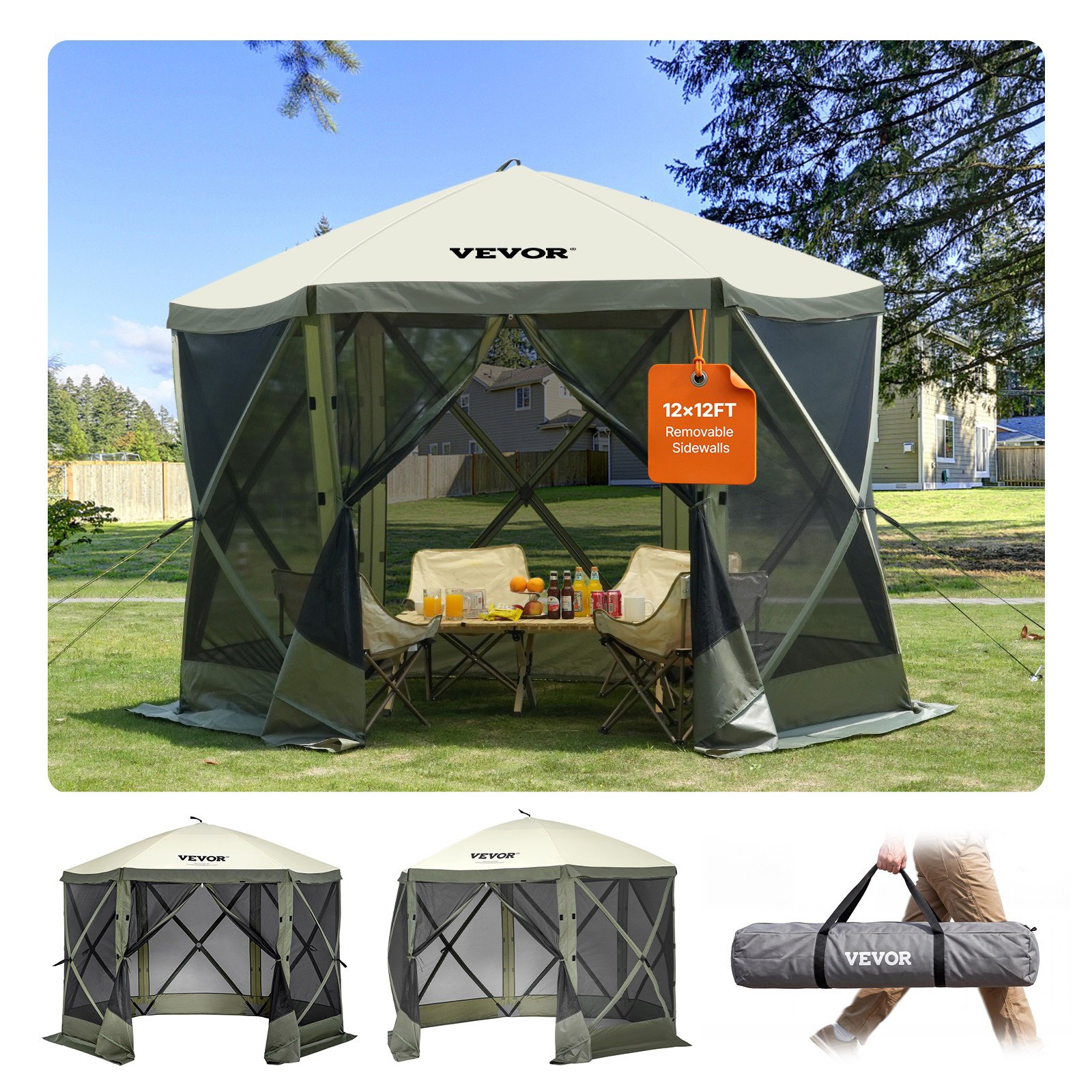 VEVOR Gazebo Pop-Up, Tenda con Schermo Pop-Up, Baldacchino su 6 Lati, Riparo da Sole 6 Panni Antivento Rimovibili Finestre in Rete, con Zanzariera Schermo a Montaggio Rapido 3,05 x 3,05 m Verde