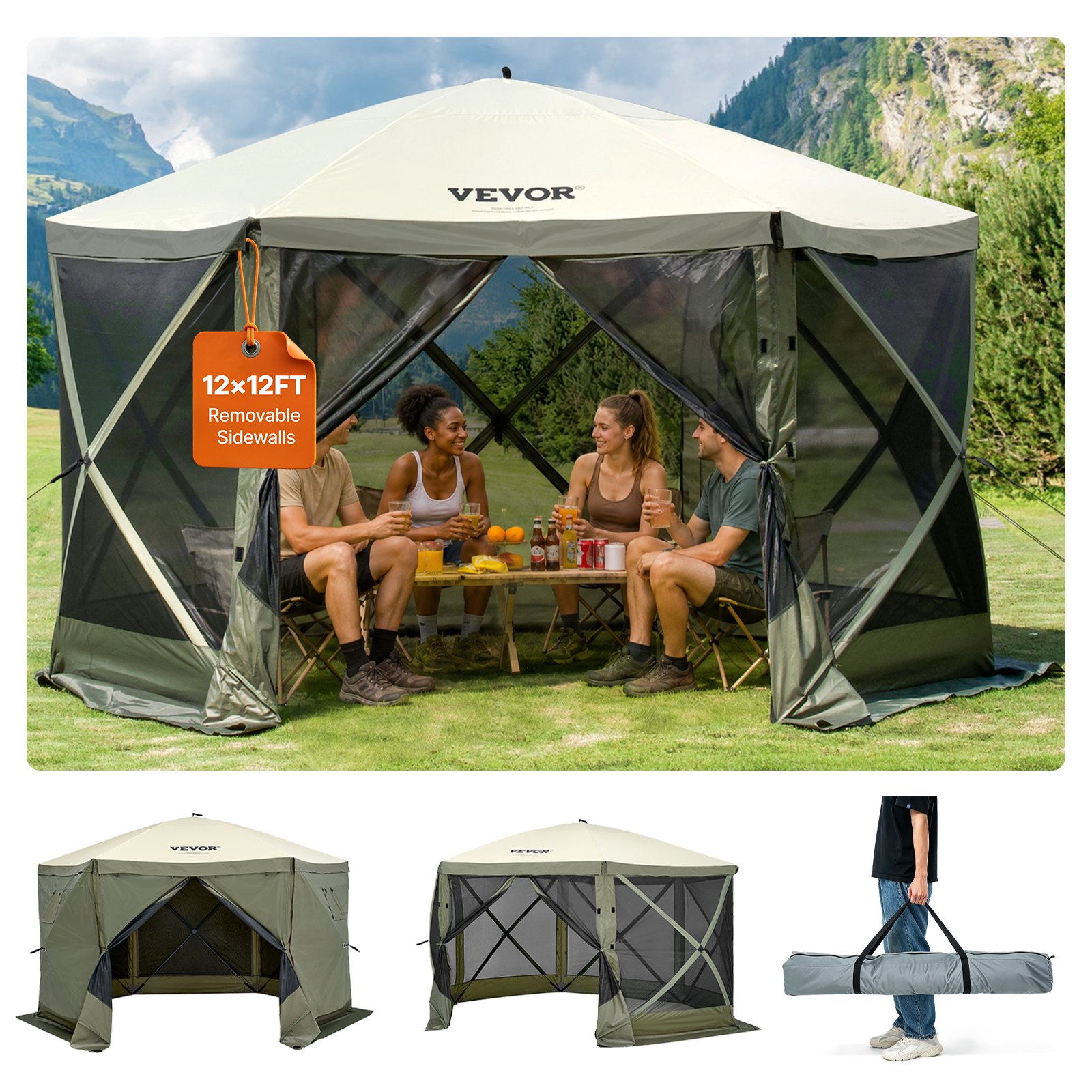 VEVOR Gazebo Pop-Up, Tenda con Schermo Pop-Up, Baldacchino su 6 Lati, Riparo da Sole 6 Panni Antivento Rimovibili Finestre in Rete, con Zanzariera Schermo a Montaggio Rapido 3,66 x 3,66 m Verde