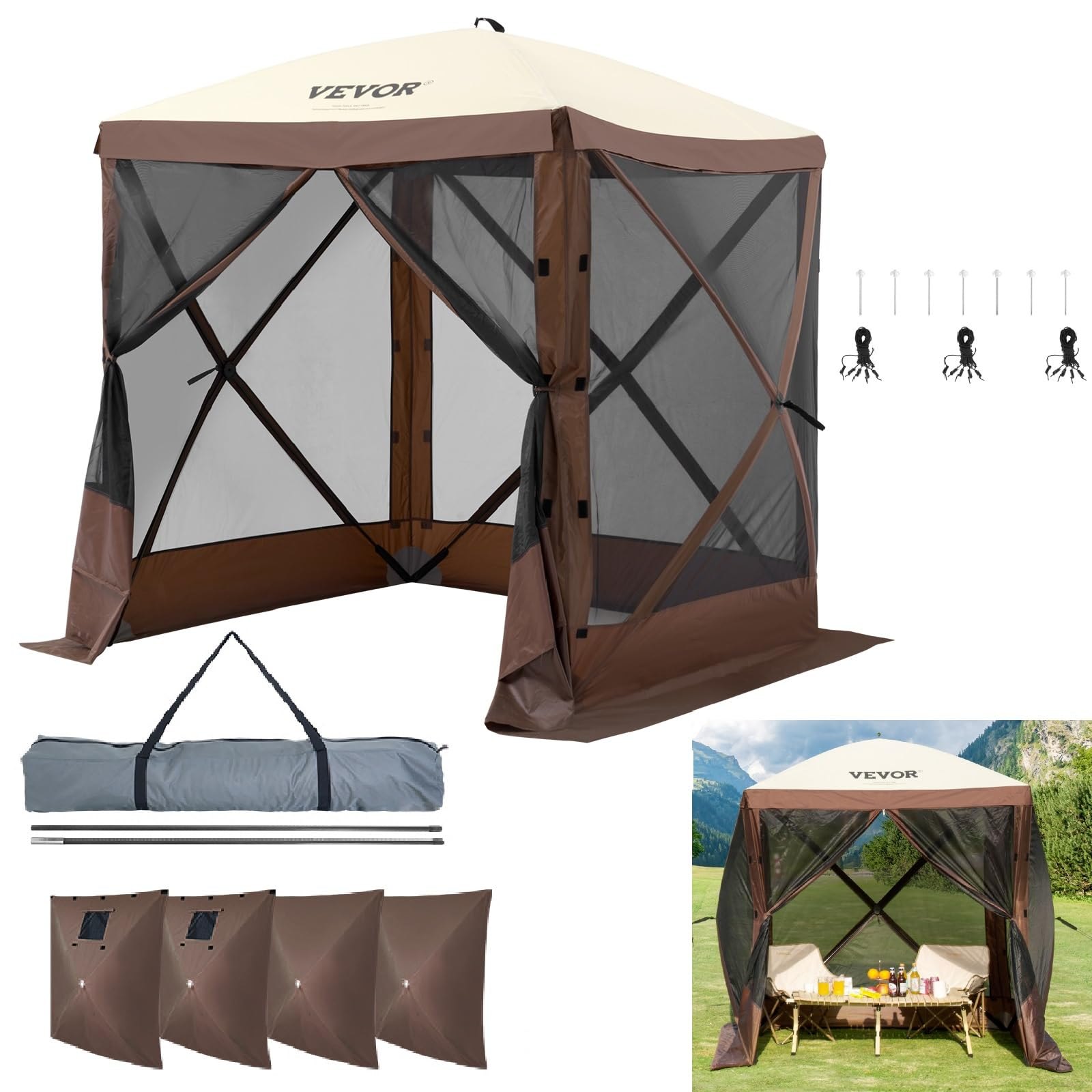 VEVOR Gazebo Pop-Up, Tenda con Schermo Pop-Up, Baldacchino su 4 Lati, Riparo da Sole 4 Panni Antivento Rimovibili Finestre in Rete, con Zanzariera Schermo a Montaggio Rapido 1,83 x 1,83 m Marrone