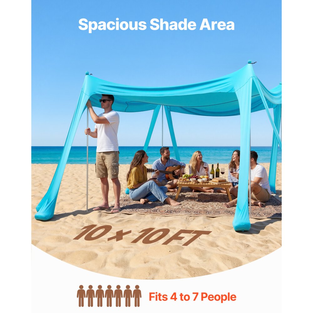 VEVOR Tenda da Sole Portatile da Spiaggia Parasole Portatile da Spiaggia Protezione Solare UPF 50+ Capienza ca. 4-7 Persone, Parasole con Pali di Supporto Sacchi di Sabbia per Viaggio Campeggio, Verde
