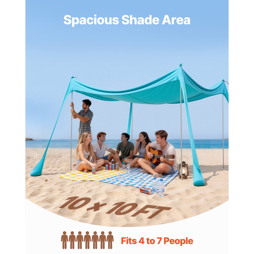 VEVOR Tenda da Spiaggia Parasole Portatile Riparo da Sole Protezione Solare UPF 50+ Capienza ca. 4-7 Persone, Tenda Parasole da Spiaggia con Pali di Supporto, Gite Campeggio Viaggio, Verde