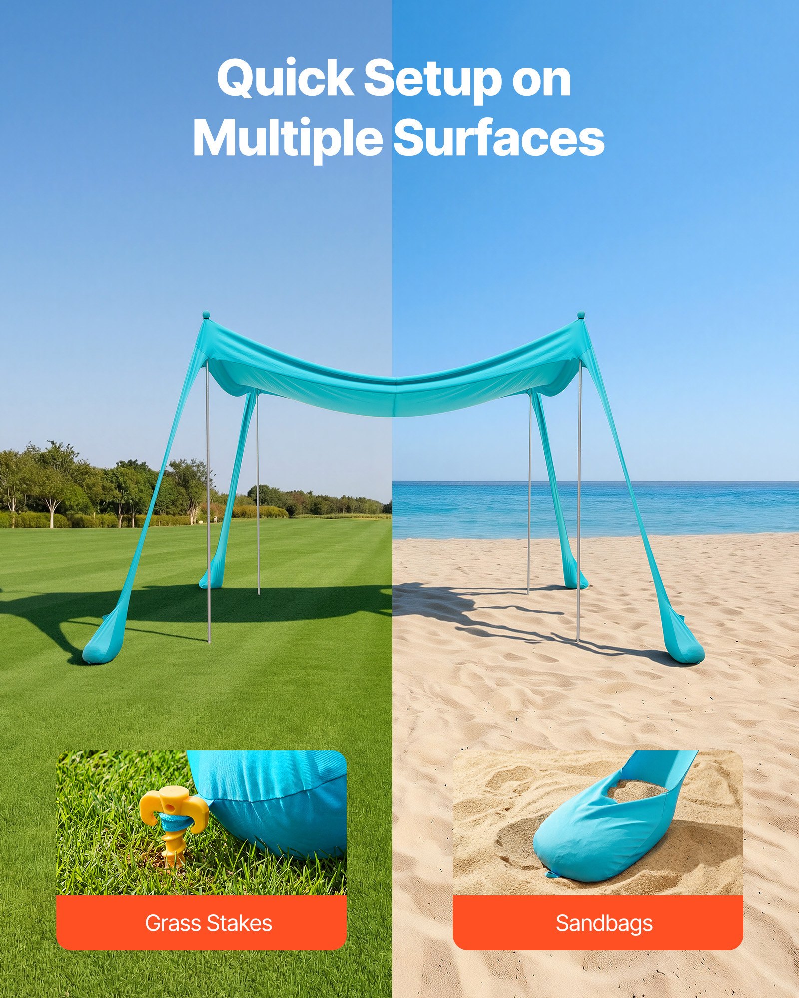 VEVOR Tenda da Spiaggia Parasole Portatile Riparo da Sole Protezione Solare UPF 50+ Capienza ca. 4-7 Persone, Tenda Parasole da Spiaggia con Pali di Supporto, Gite Campeggio Viaggio, Verde