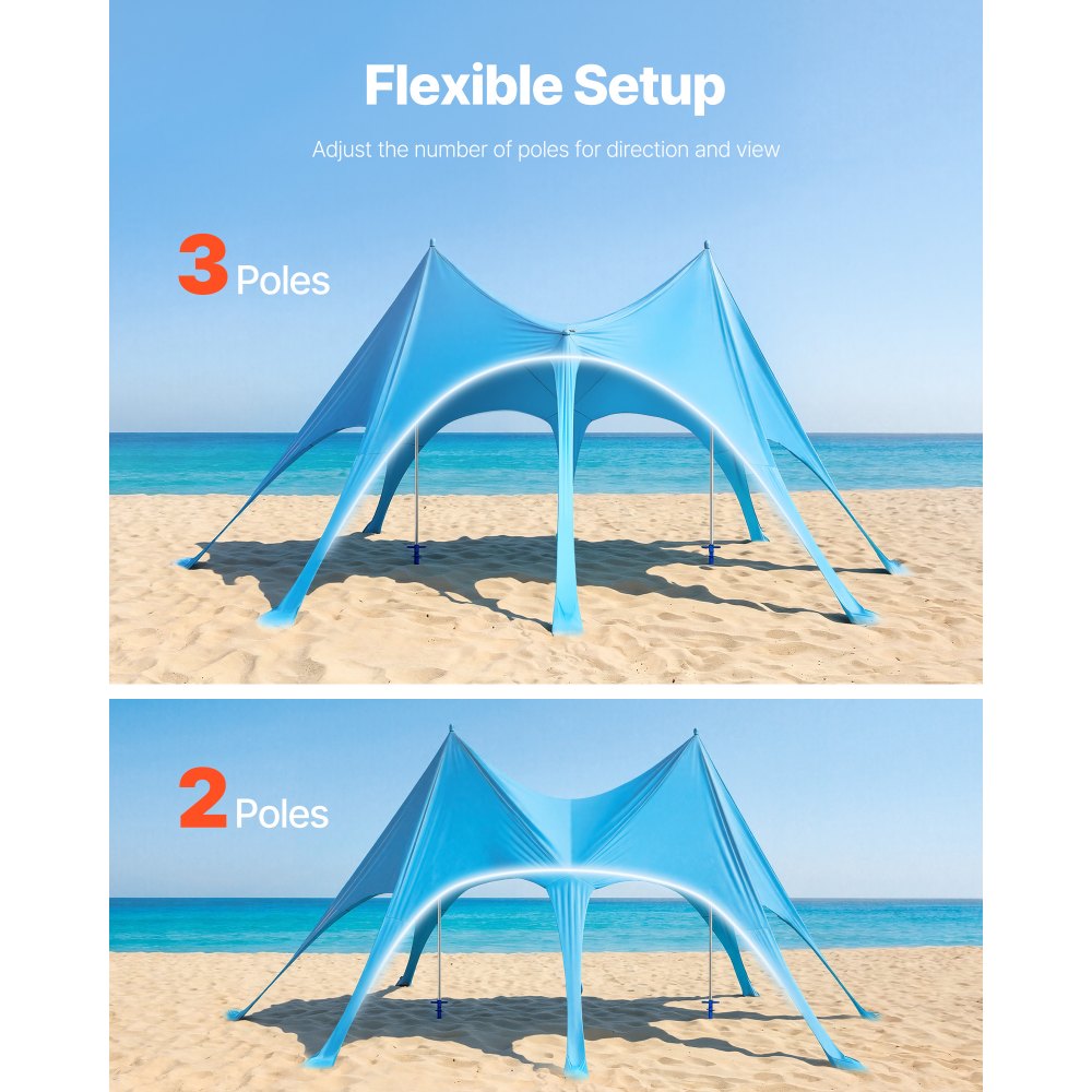VEVOR Tenda Parasole da Spiaggia Protezione Solare UPF 50+ Portatile Capienza 10-12 Persone, Tenda da Spiaggia da Sole Sacchi di Sabbia Ancoraggio Pali di Supporto, per Campeggio Viaggio Pesca, Blu
