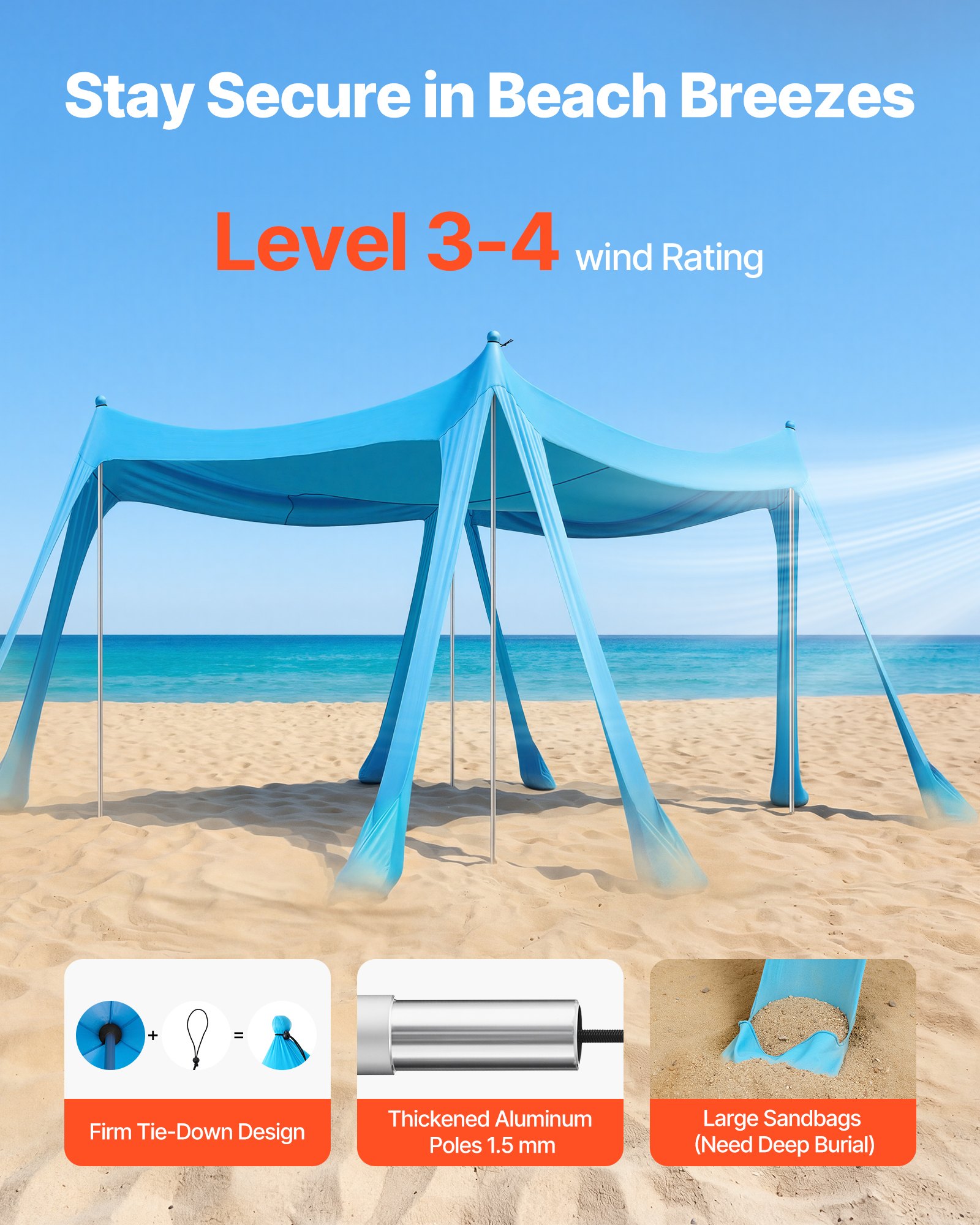 VEVOR Tenda Parasole da Spiaggia Protezione Solare UPF 50+ Portatile 3x3x2 m, Tenda da Spiaggia Parasole con Sacchi di Sabbia Ancoraggio Pali di Supporto, per Campeggio Viaggio Pesca, Blu