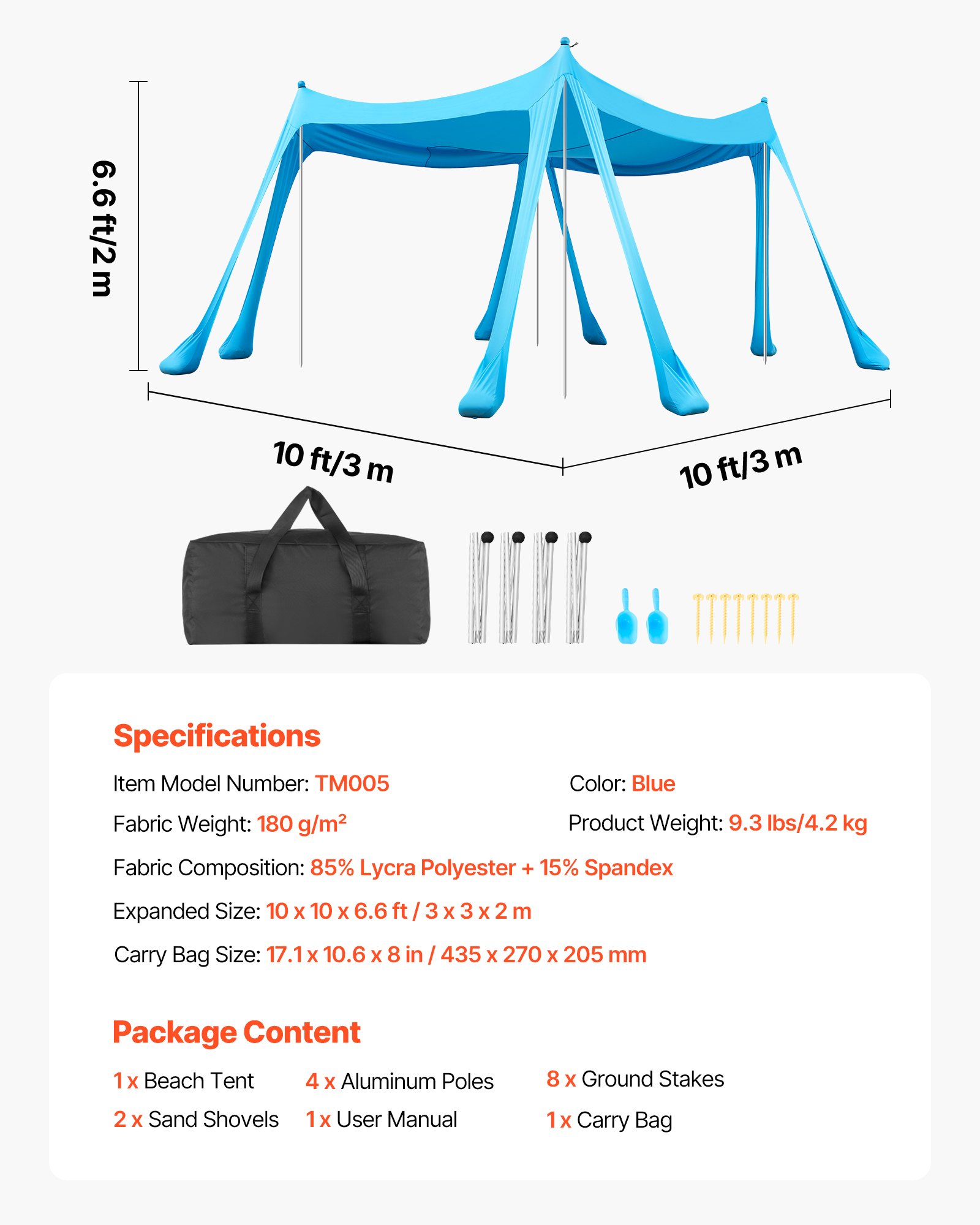 VEVOR Tenda Parasole da Spiaggia Protezione Solare UPF 50+ Portatile 3x3x2 m, Tenda da Spiaggia Parasole con Sacchi di Sabbia Ancoraggio Pali di Supporto, per Campeggio Viaggio Pesca, Blu