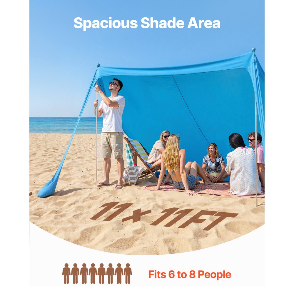 VEVOR Tenda Parasole da Spiaggia per Esterno Protezione Solare UPF50+ con Ancoraggio Dimensioni 3,4 x 3,4 x 2 m, Parasole da Spiaggia con Pali di Supporto Tenda Portatile per Campeggio Viaggio, Blu