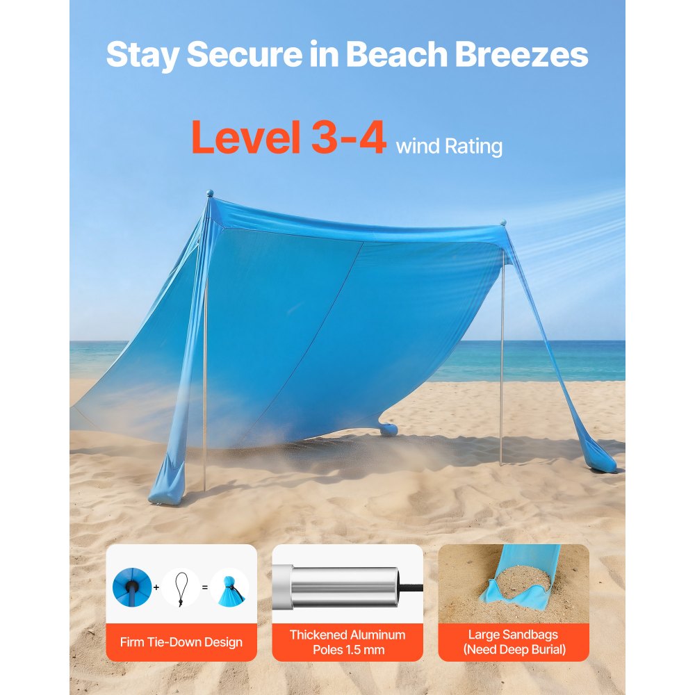 VEVOR Tenda Parasole da Spiaggia per Esterno Protezione Solare UPF50+ con Ancoraggio Dimensioni 3,4 x 3,4 x 2 m, Parasole da Spiaggia con Pali di Supporto Tenda Portatile per Campeggio Viaggio, Blu