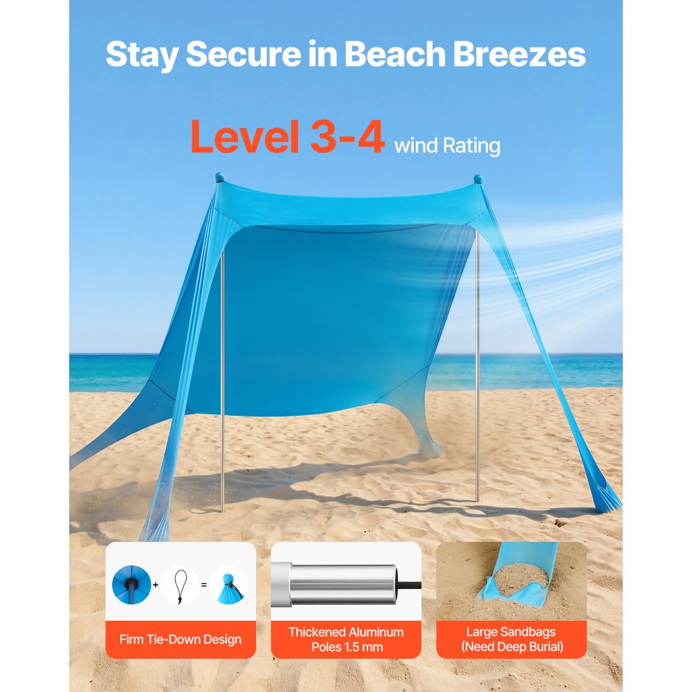 VEVOR Tenda Parasole Portatile da Spiaggia per Esterno Protezione Solare UPF50+ 2,3 x 2,3 x 2 m, Parasole da Spiaggia con Pali di Supporto Tenda Portatile per Campeggio Viaggio Pesca, Blu