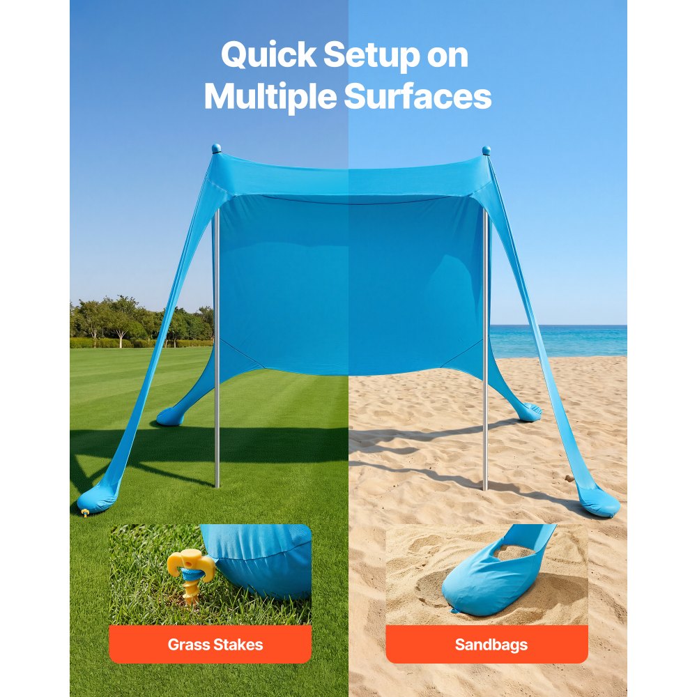 VEVOR Tenda Parasole Portatile da Spiaggia per Esterno Protezione Solare UPF50+ 2,3 x 2,3 x 2 m, Parasole da Spiaggia con Pali di Supporto Tenda Portatile per Campeggio Viaggio Pesca, Blu