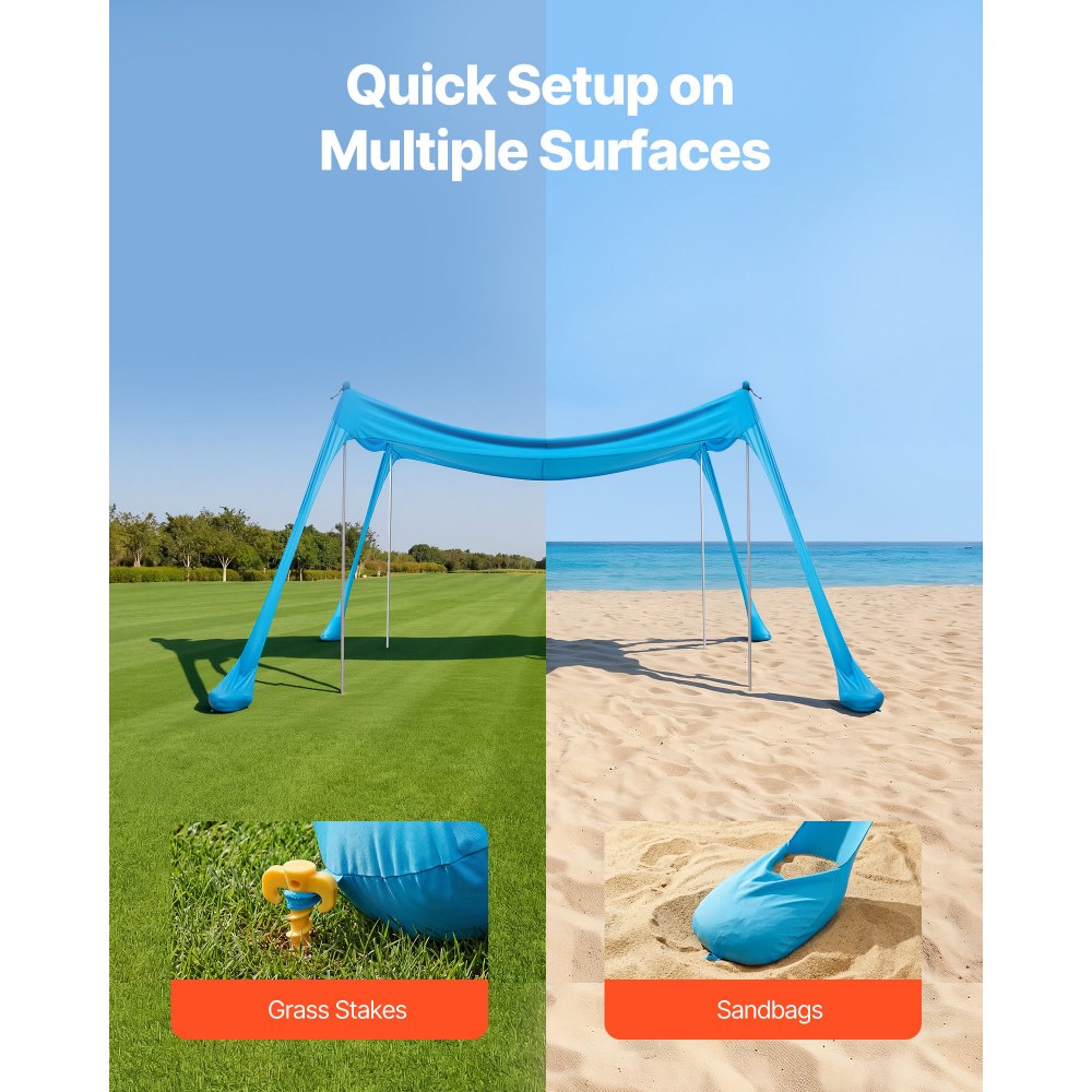 VEVOR Tenda Parasole Portatile da Spiaggia per Esterno Protezione Solare UPF 50+ 3 x 3 x 2 m, Parasole da Spiaggia con Pali di Supporto Ancoraggio Tenda Portatile per Campeggio Viaggio Pesca, Blu