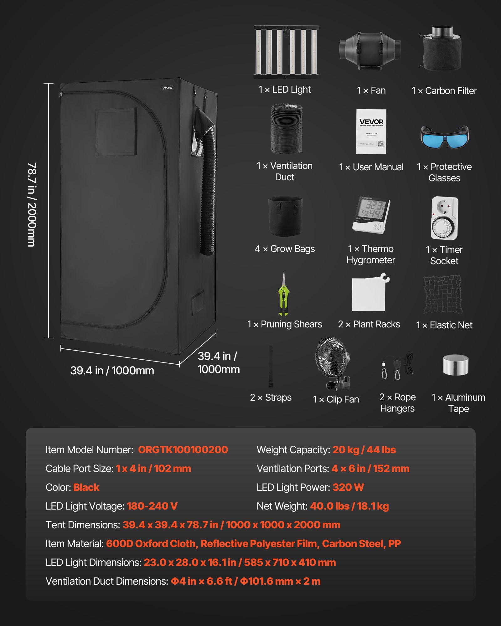 VEVOR Kit Completo per Tenda da Coltivazione da Interno 100x100x200 cm, Tenda Coltivazione Illuminazione LED a Spettro Completo, Sistema di Ventilazione, Mylar Riflettente 600D per Piante Verdure